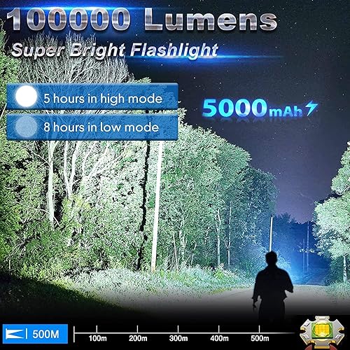 Miniatura 2 de Linternas recargables de alto lúmenes, 100000 lúmenes, linterna táctica LED súper brillante, 3 modos de alta potencia, linternas impermeables para
