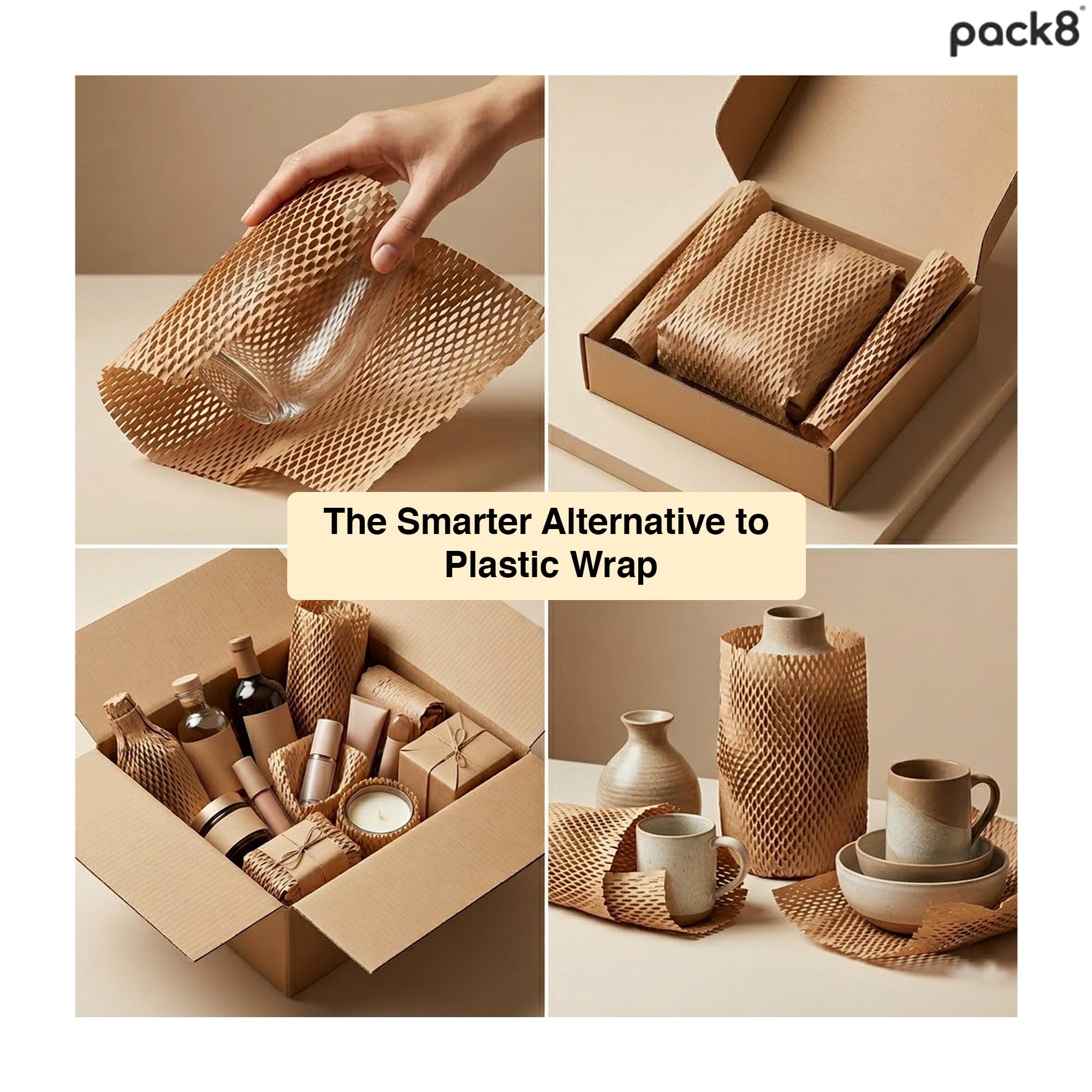 Pack8neo Sustainable Honeycomb Paper Bubble Wrap Roll - 50m x 15", 80 GSM White Packaging Wrap for Cushioning, Packing, Shipping & Moving Fragile Items | Expands 40-50% 2