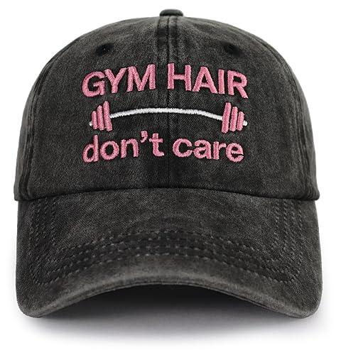 Gym Hair Don't Care Hat, Adjustable Vintage Cotton Embroidered Baseball Cap for Women Men - One Size - Black