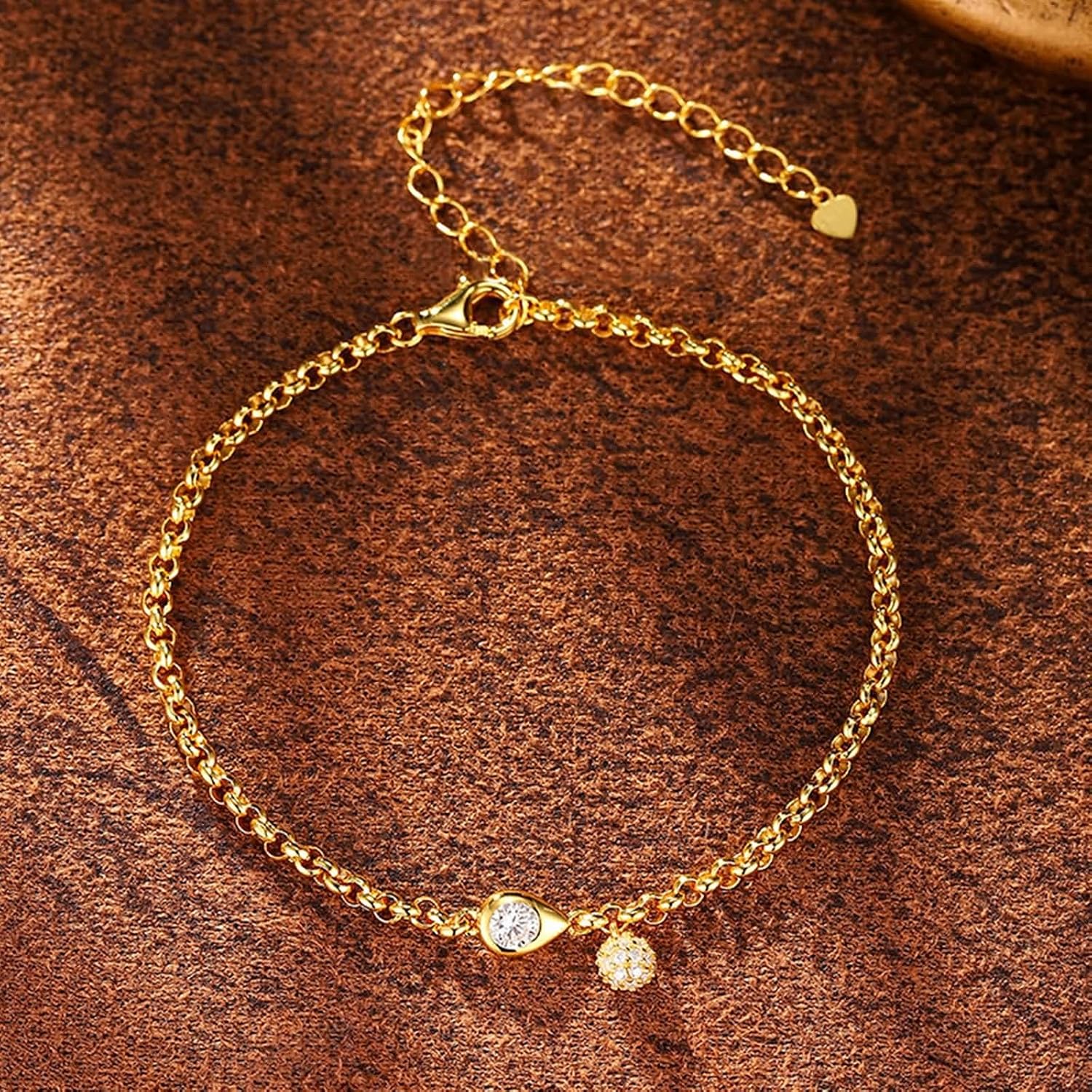 Charm Bracelet 9 Kt / 14 Kt / 18 Kt Gold for Women, Water Drop and Round with 0.2ct Created Diamond, 6.3" + 1.97" Extender, Women Wedding Adjustable Bracelet Gold image 2