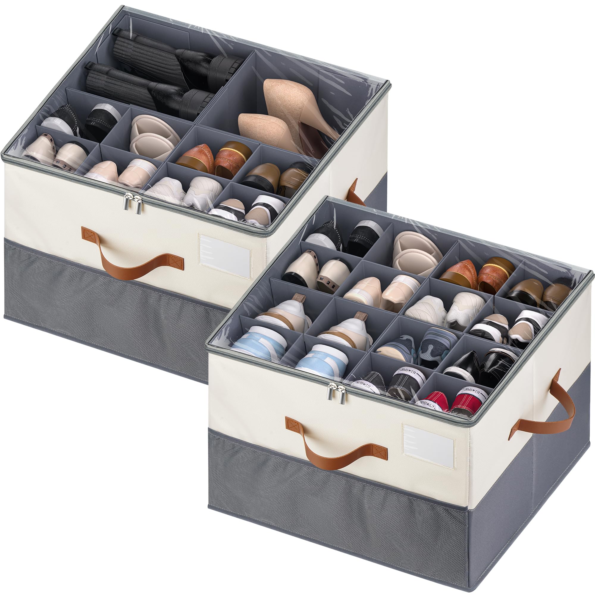 MSTONAL Shoe Organizer for Closet, 2 Pack Shoe Storage Containers with Adjustable Dividers, Space Saving Shoe Box Organizers Bins with Clear Lids & 4 Handles, Fits 16-32 Pairs, Beige & Grey