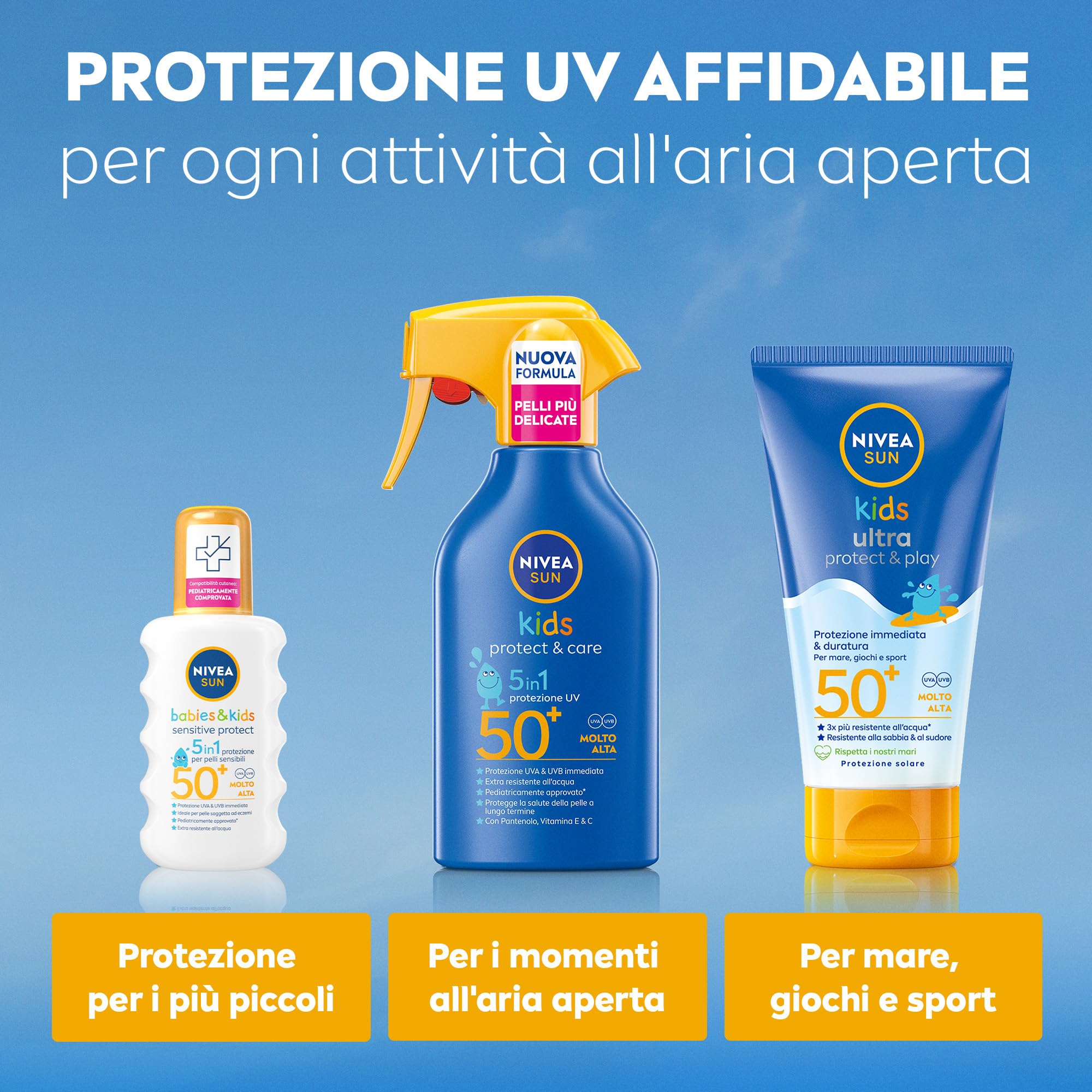 NIVEA SUN Kids Maxi Spray Protect & Care SPF 50+ 270 ml, Crema solare 50 bambini 3+ anni, Protezione solare 50 bambini spray extra resistente all'acqua e al sudore con Pantenolo, Vitamina C & E