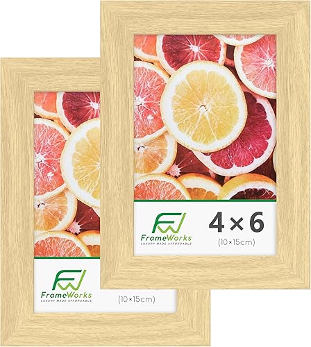 FrameWorks Marcos de fotos clásicos de madera 4 x 6 con vidrio templado, roble natural, paquete de 2