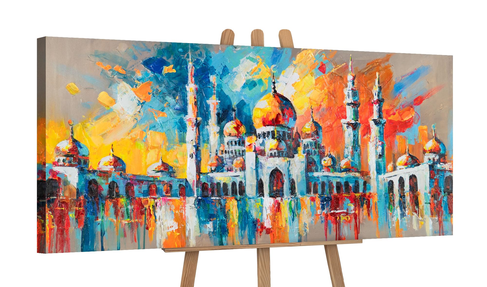 Ys Harmony -Art Original Acrylic Painting | Vibrant Mosque Skyline | Colourful City Architecture Canvas | Bold Travel Wall Art 45X20 Inch