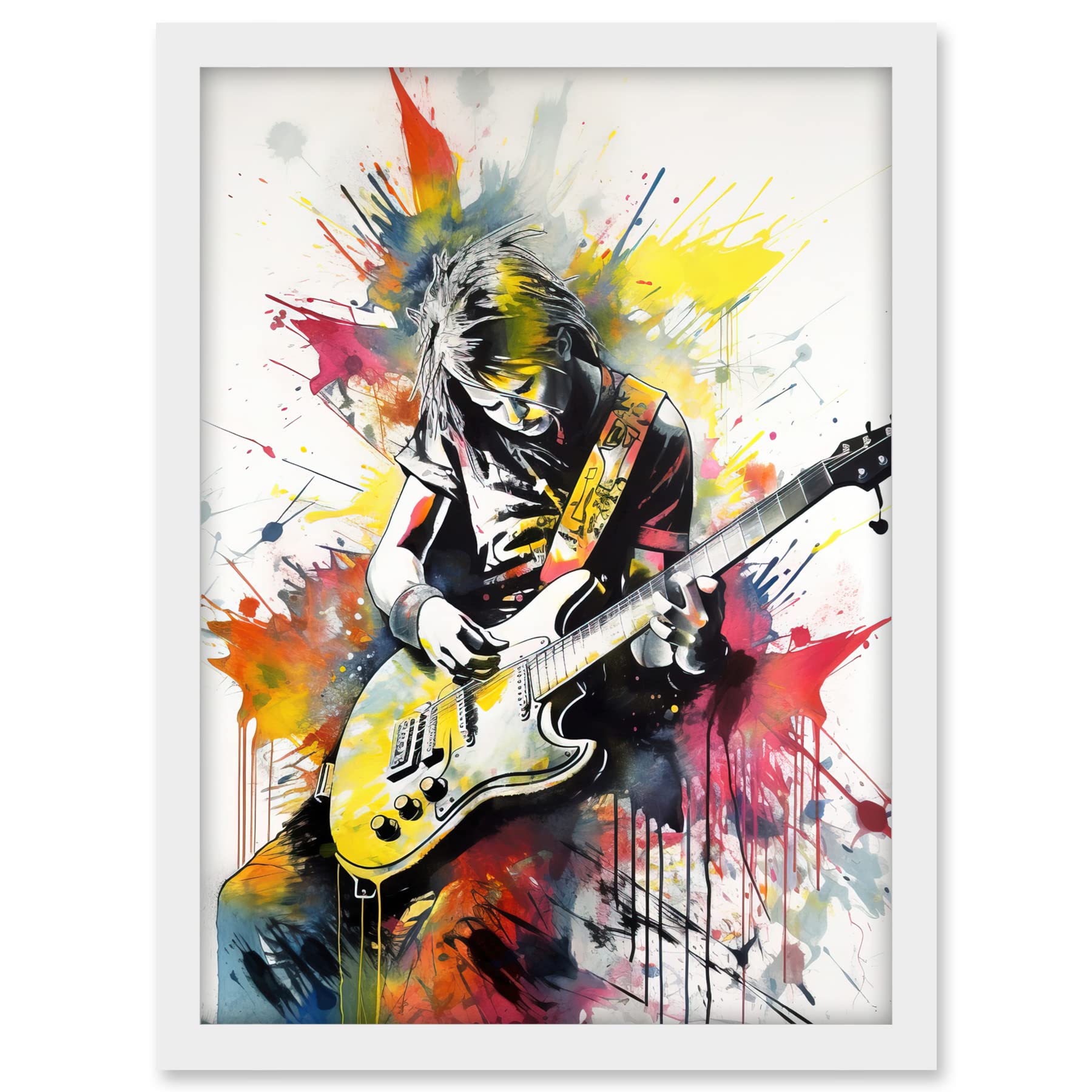 Artery8 Guitarist Playing Electric Guitar Music Solo Vibrant Modern Splat Paint Watercolour Illustration Artwork Framed A3 Wall Art Print