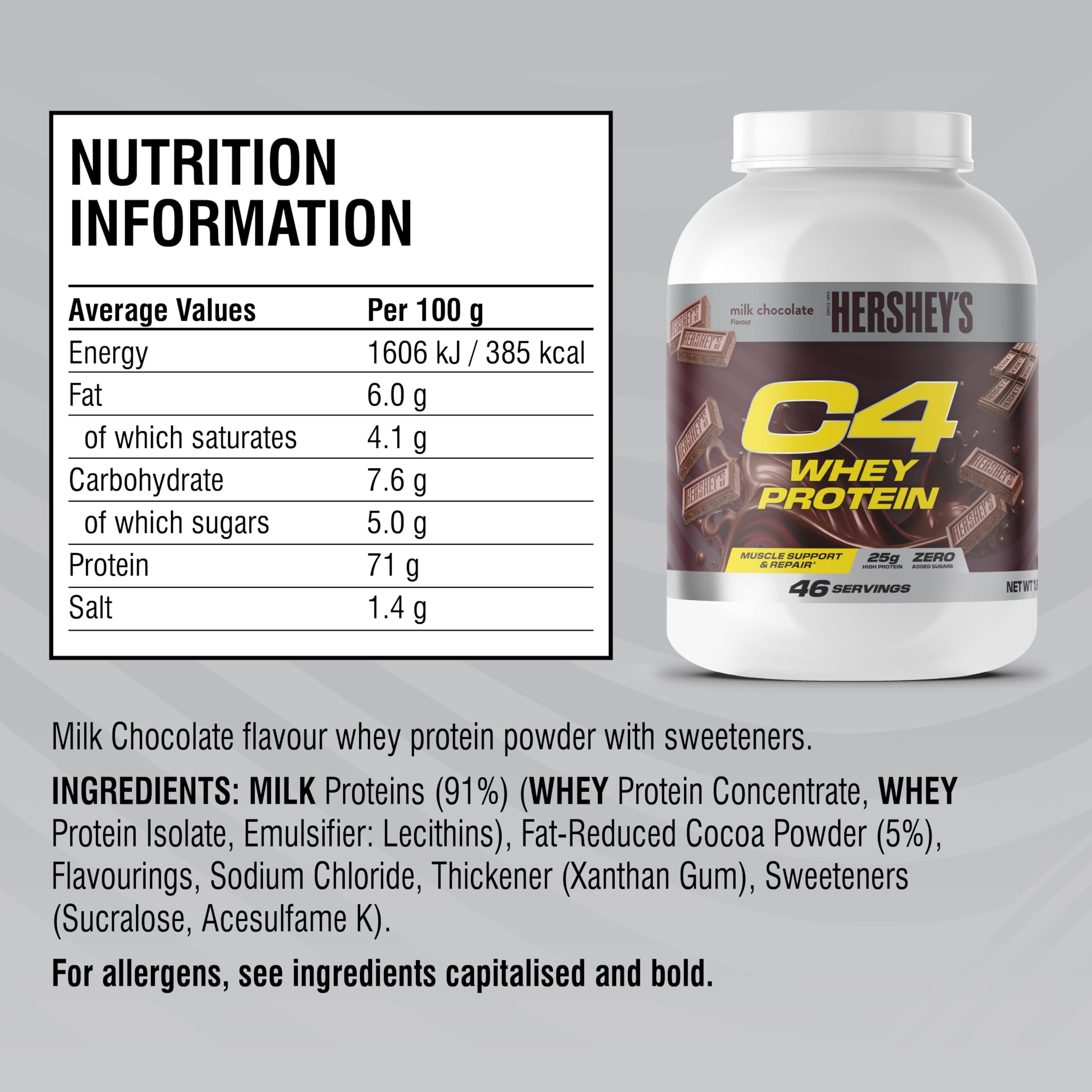 Cellucor C4 Whey Protein Pulver, Hershey's Chocolate, 25g Protein, Zuckerarm, Post-Workout Recovery, 46 Portionen