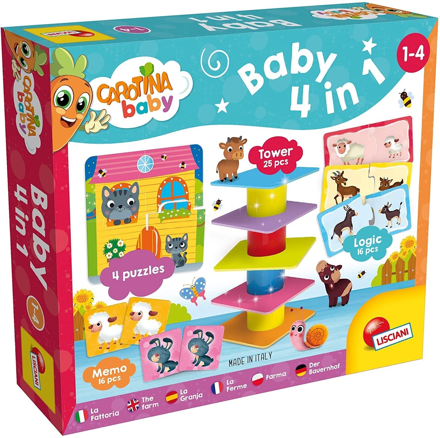Lisciani CAROTINA BABY – 4-in-1 Lernset (Bauernhof & Tiere) für 1–4 Jahre