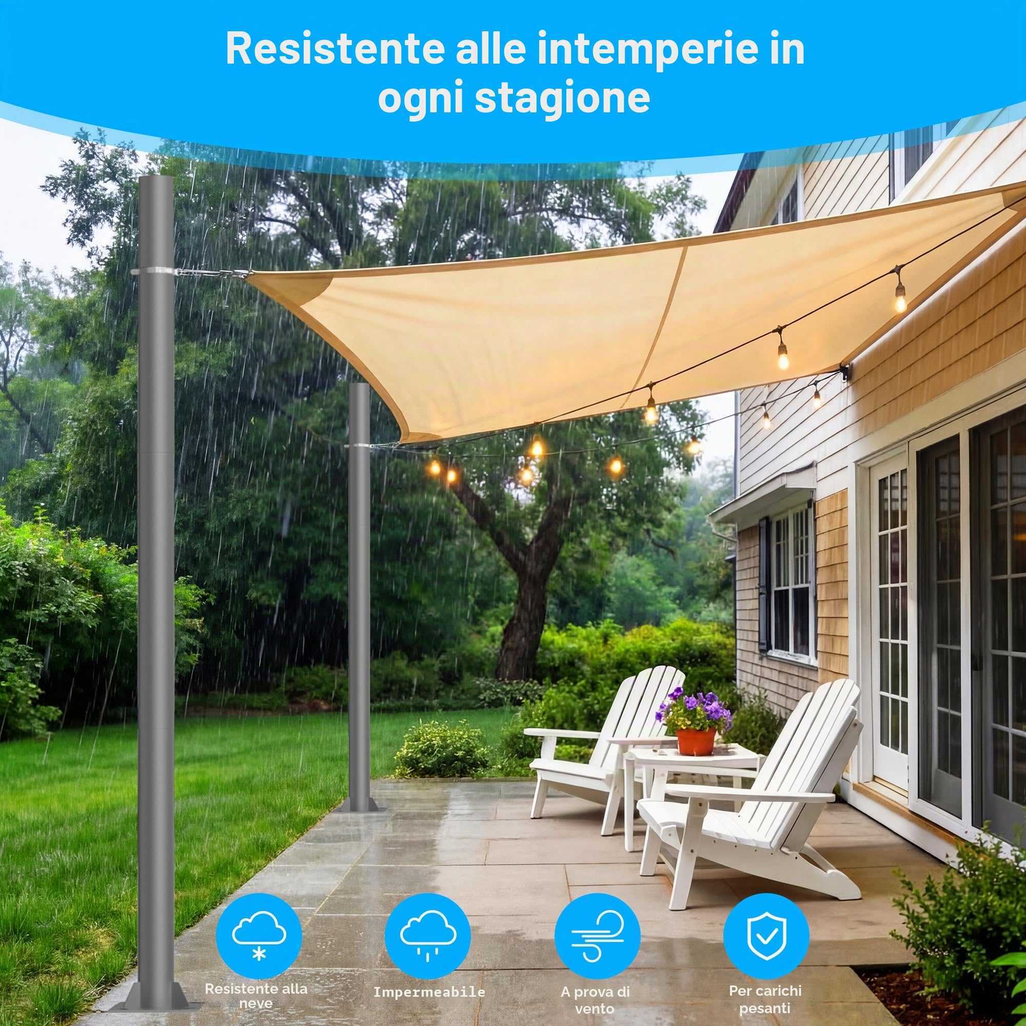 Asta per tenda parasole regolabile in altezza, 3 m, con anello a D incluso pali per tenda parasole