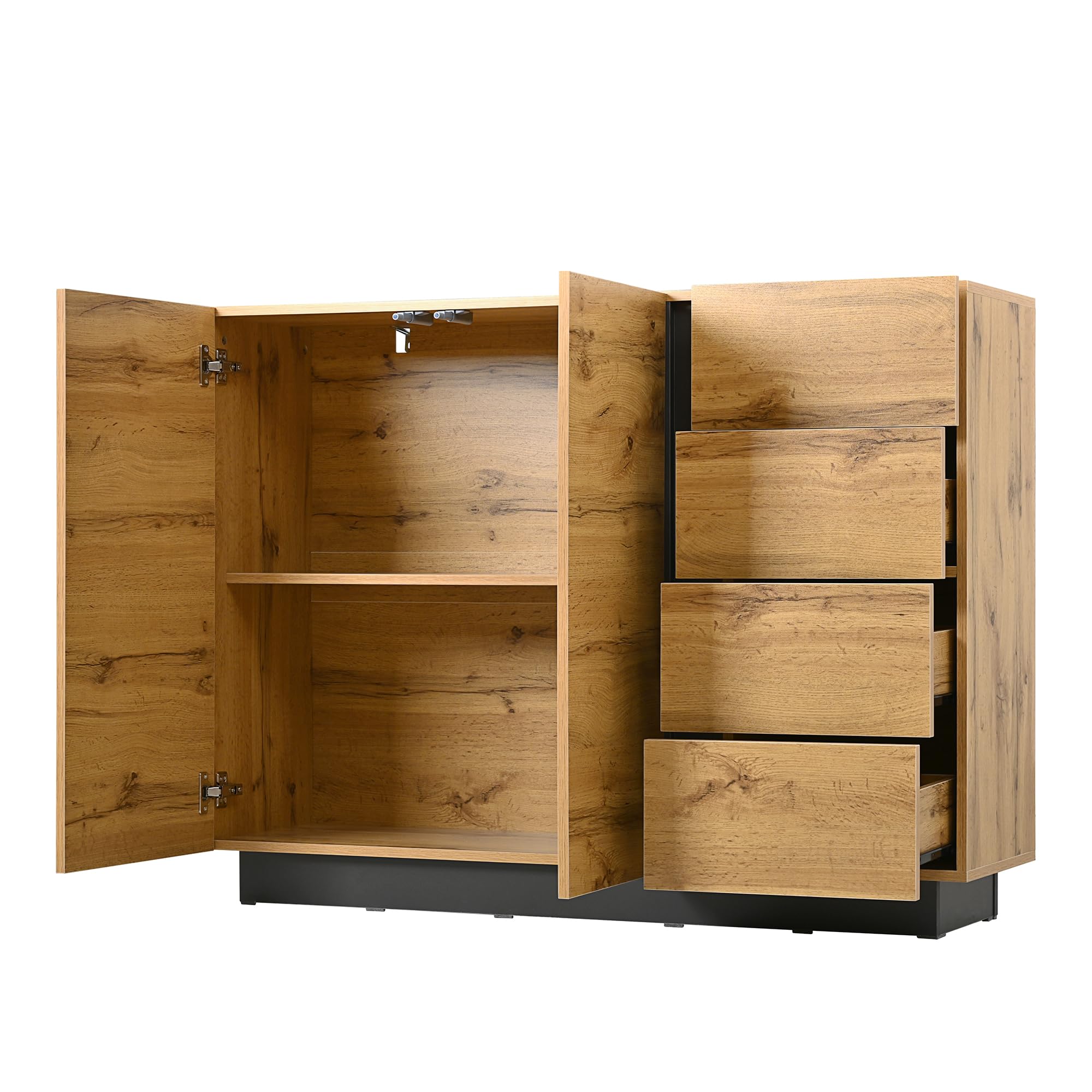 Merax Sideboard Kommode mit 4 Schubladen und Zwei Türen, Schrank 110 cm, Griffloses Design, Buffetschrank mit Großzügiger Stauraum, aus Holz, für Wohnzimmer/Esszimmer, 110x35.5x90.5 cm, Natur&Schwarz