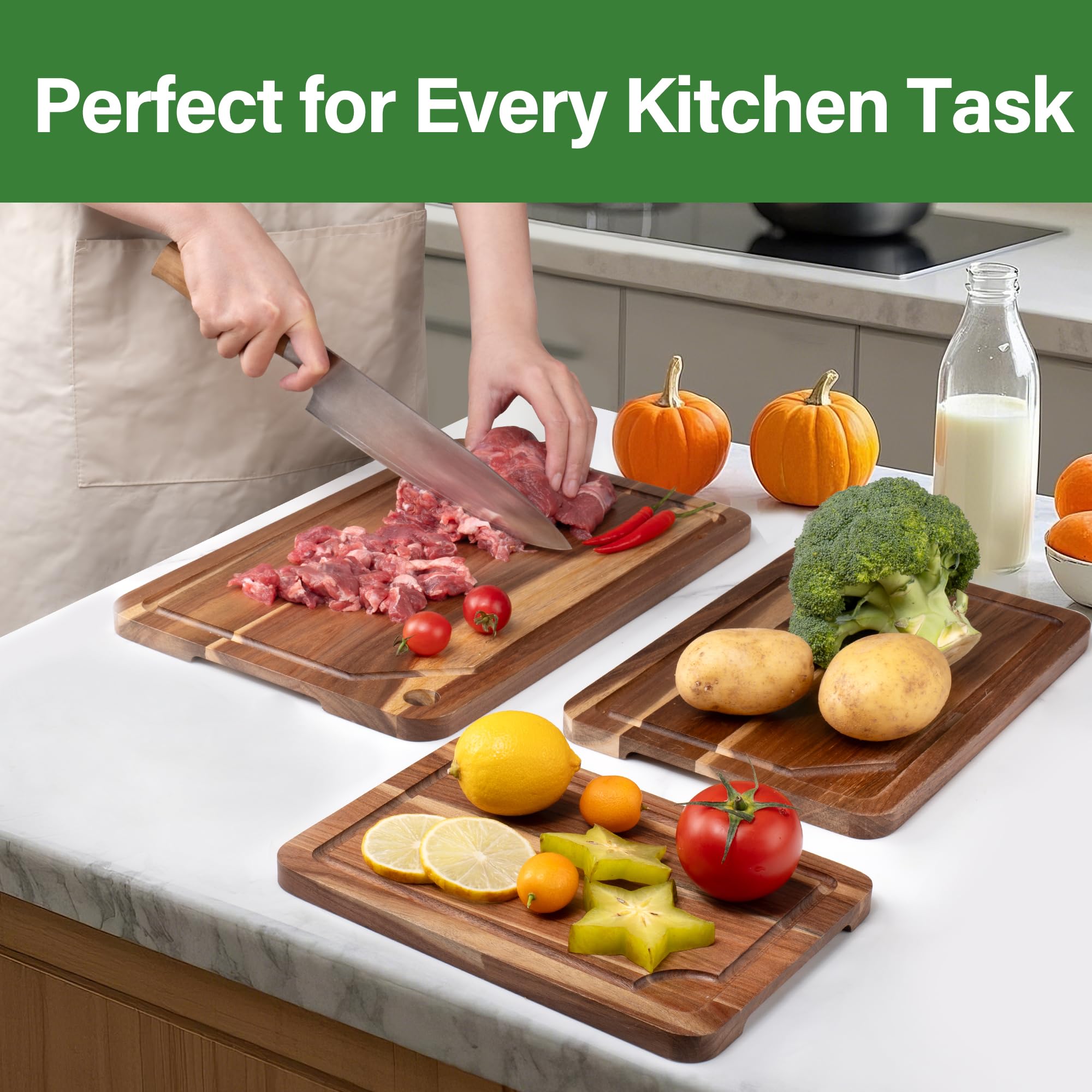 Acacia Wood Chopping Boards Set of 3 for Kitchen Double-Sided Wooden Cutting Boards with Hanging Hole and Juice Groove - Image 2