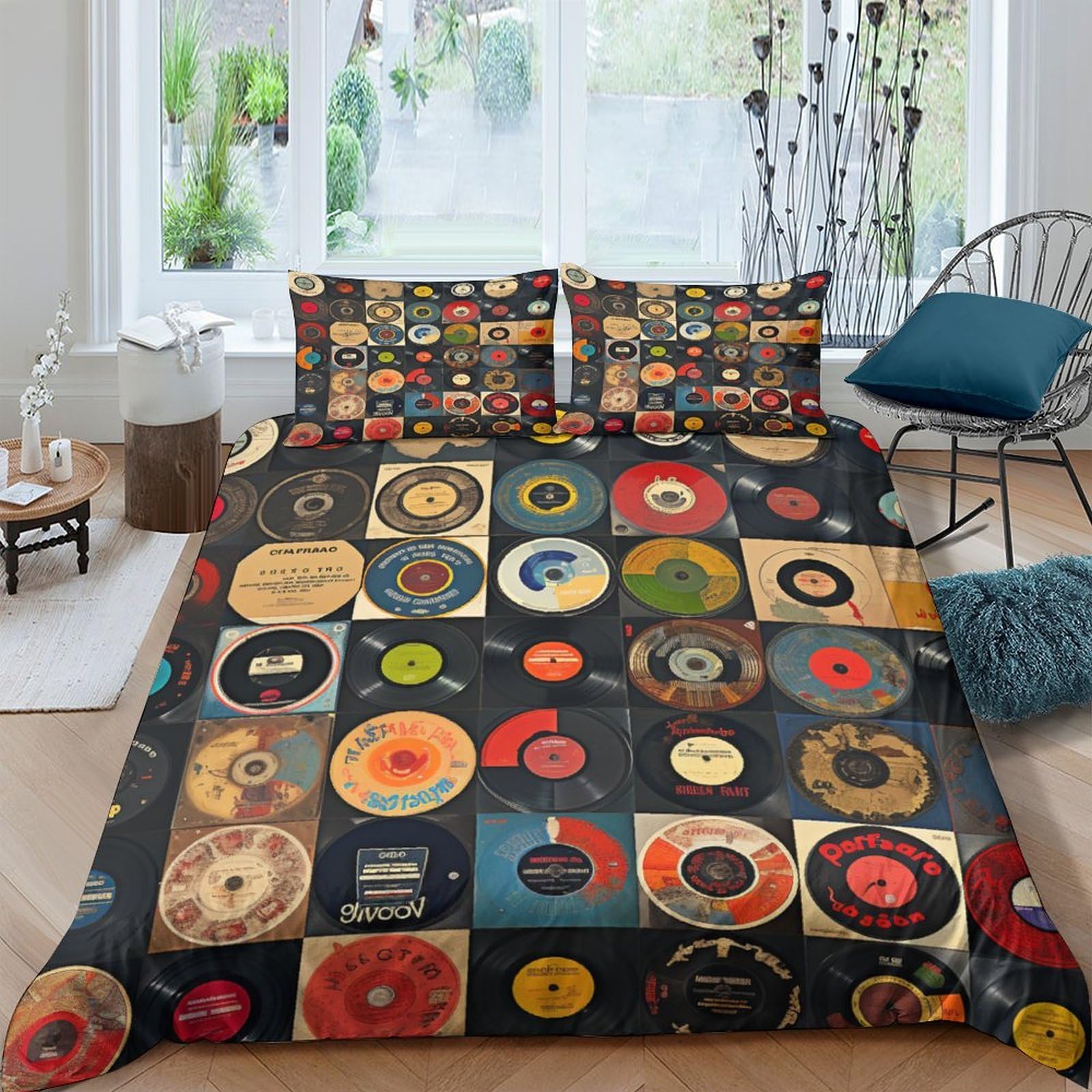 Music Record Bedding Set Cover Duvet Cover 3D Bedspread 3 Piece Quilt Cover with Zipper Closure Soft Microfiber for Kids Children King（220x240cm）