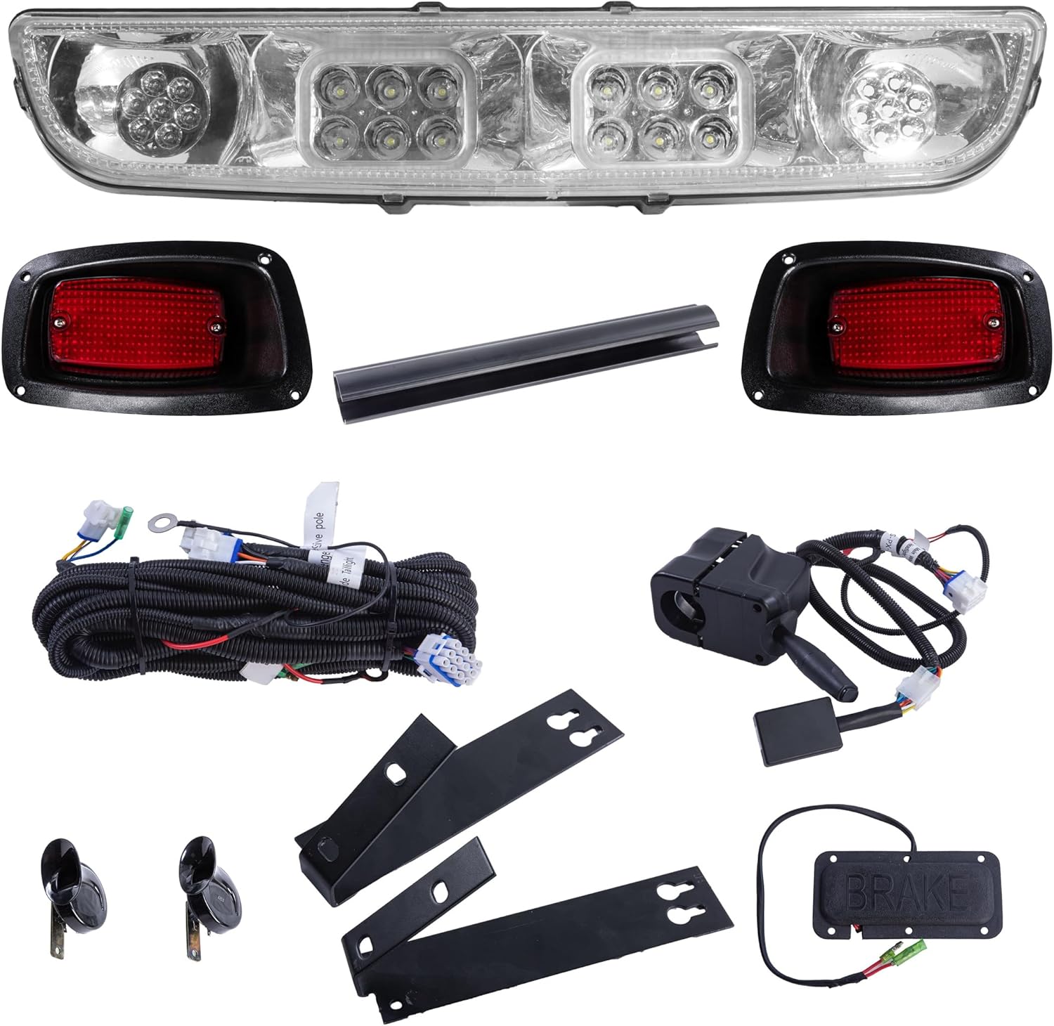 EZGO TXT 1996-2013 LED Deluxe Light Bar Kit Street Legal 48V, High Low Beam Headlight with Daytime Running Lights, Taillights, Main Wiring Harness, Deluxe Turn Signal Switch, Brake Pad, Horn