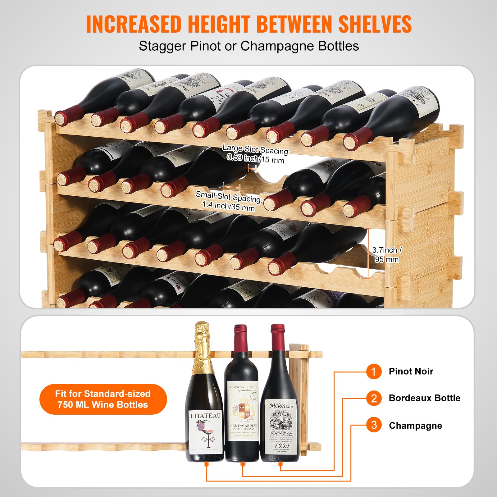 VEVOR Weinregal stapelbar 36 Flaschen, stabiles Flaschenregal, 4-stufiges Lagerregal aus massivem Bambusholz, freistehendes Weinregal, wackelfreie Regale für Küche, Bar und Keller (natürliche Farbe)