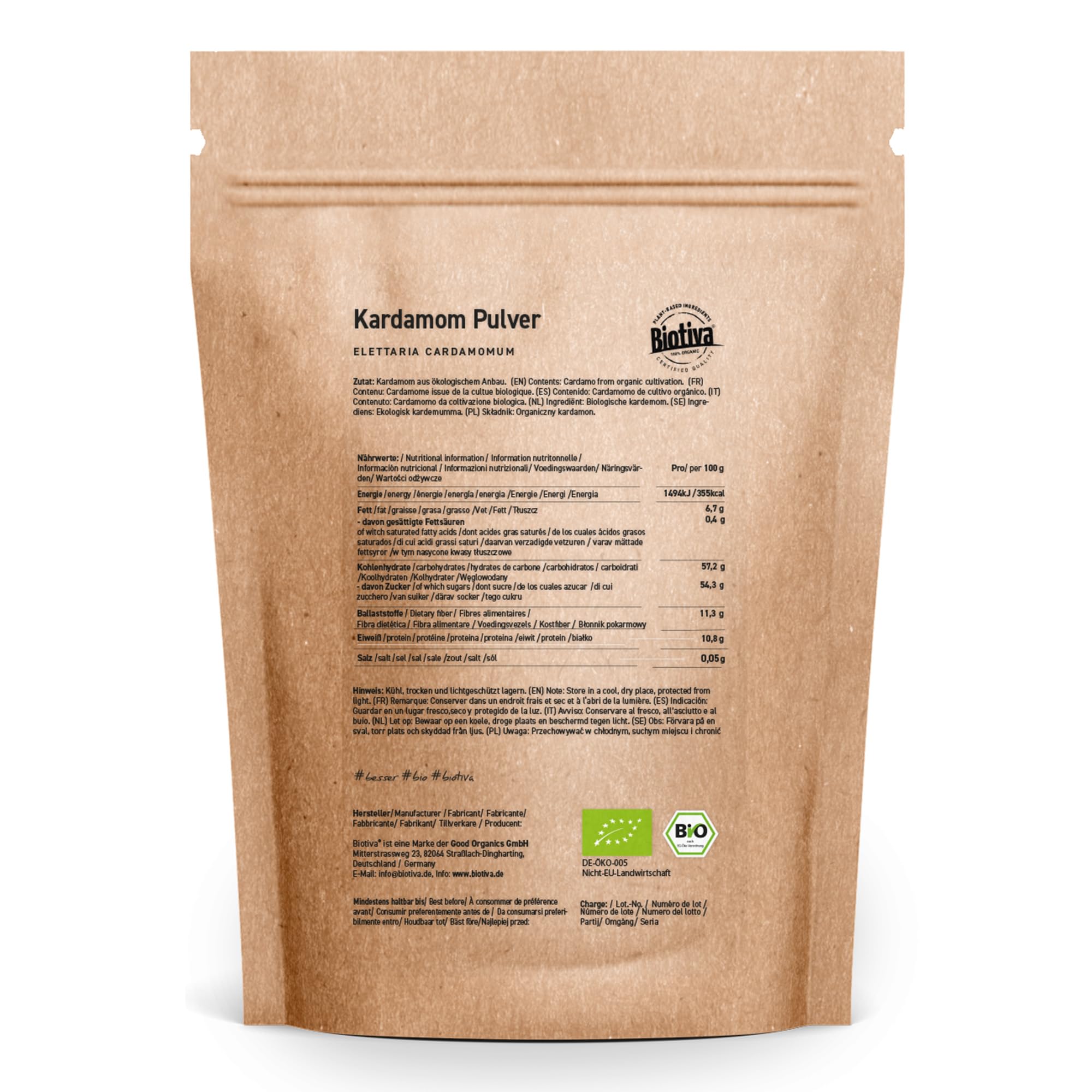 Biotiva Polvo de cardamomo suelo orgánico 100g - vegano - Elettaria cardamomum - embotellado y controlado en Alemania (DE-ÖKO-005)