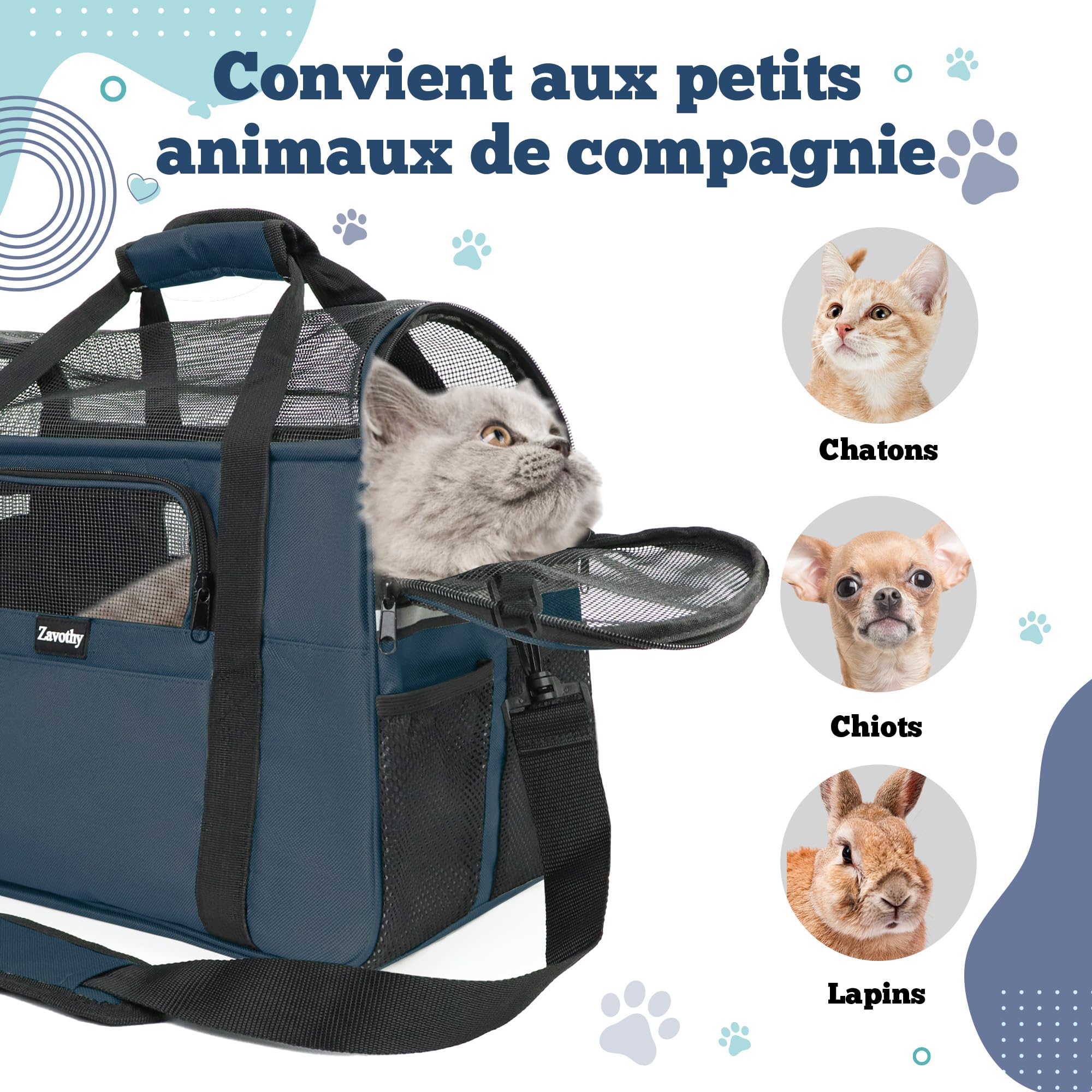 Zavothy Borsa per il trasporto per gatti e cani, borsa per il trasporto, traspirante e pieghevole, trasportino per gatti con tracolla regolabile, materasso in peluche rimovibile (blu scuro, M)