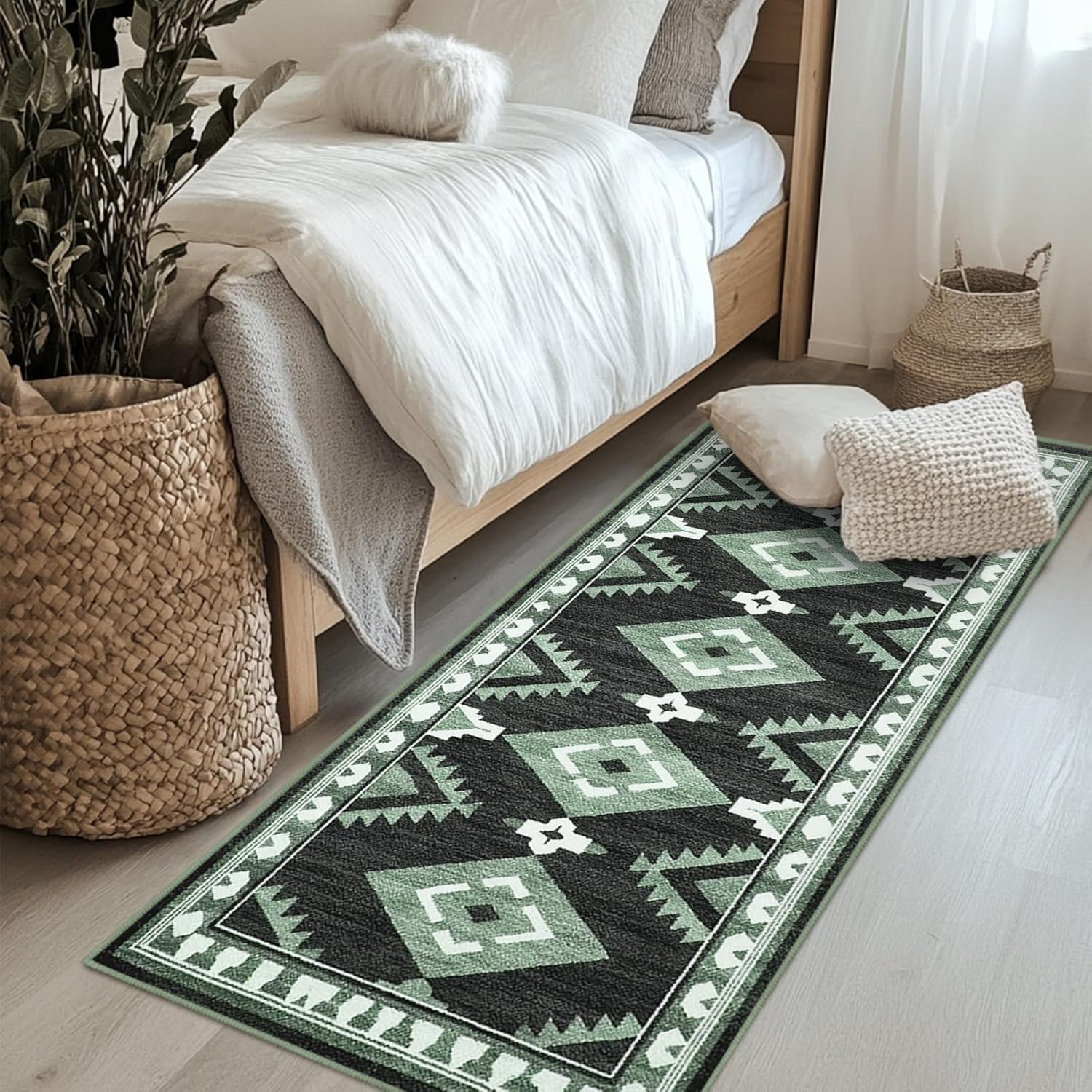 Tijuboni Western Hallway Runner Rug 2x6, Non-Slip Long Runners for Bedroom Kitchen Hall Laundry, Southwestern Area Rugs Washable, Aztec Black-White-Green
