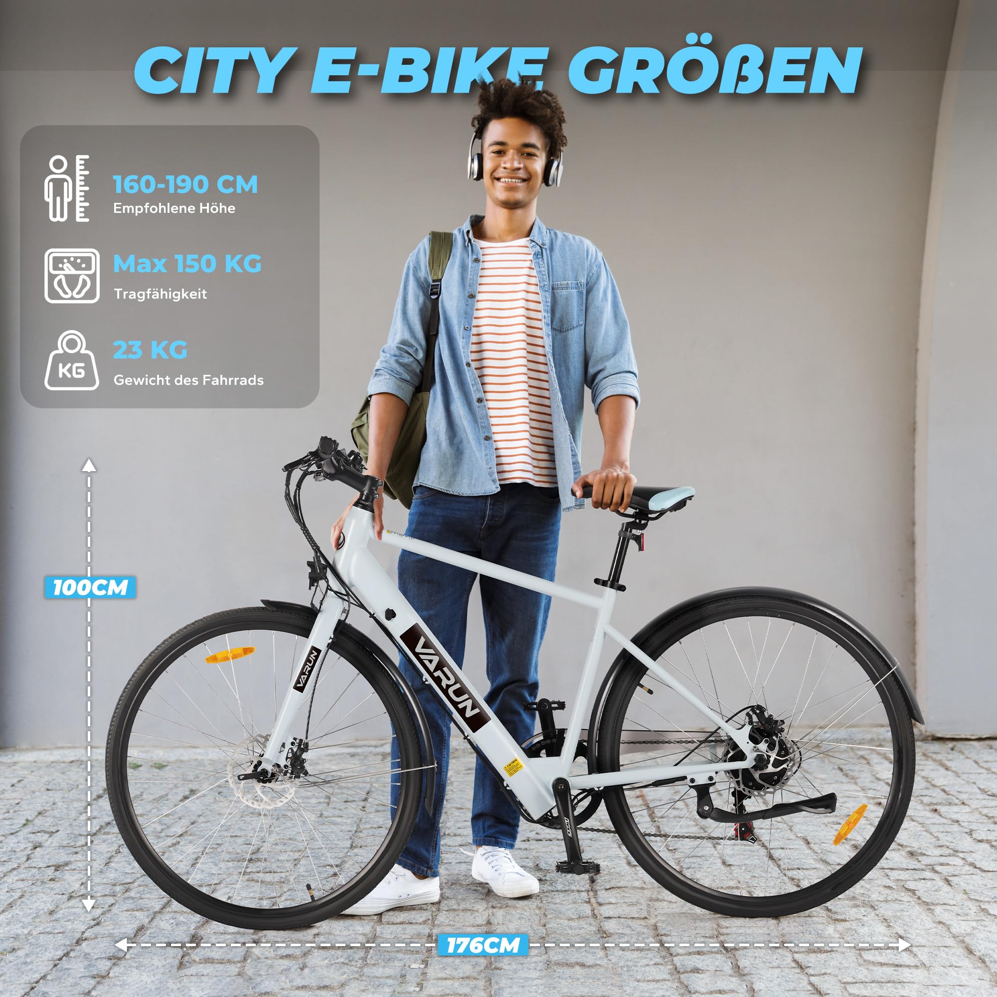 VARUN E Bike, 28 Zoll E-Bike Damen Herren mit 36V 360Wh Akku, Drehmomentsensor, 80KM Reichweite, Elektrofahrrad mit LCD-Display, 3 Fahr Modi, CE-Zertifiziert Citybike, Pendler E-Fahrrad