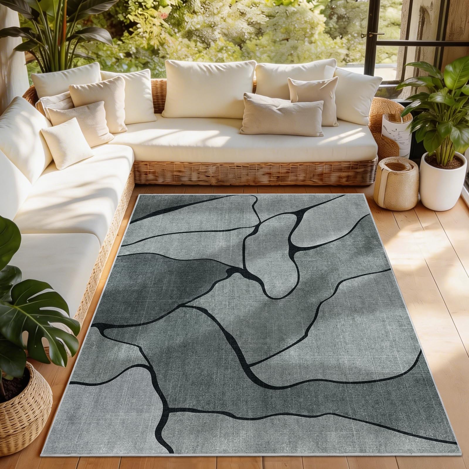 Alishomtll Grey Short Pile Area Rug 160x230 cm, Soft Touch & Non-Slip Weatherproof Rug with TPR Backing, Modern Wavy Geometric Striped Rug, Washable Carpet for Living Room, Bedroom & Entryway
