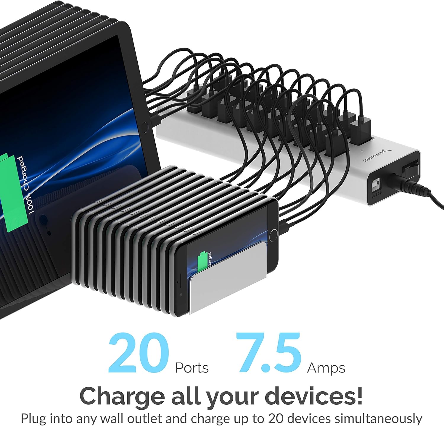 Sabrent 90W 20-Port USB 2.0 Fast Charger, 12V Power Supply Included+ [6-Pack] 22AWG Premium Micro USB Cables (X3-3ft + X3-1ft) High Speed USB 2.0 A Male to Micro B Sync and Charge Cables