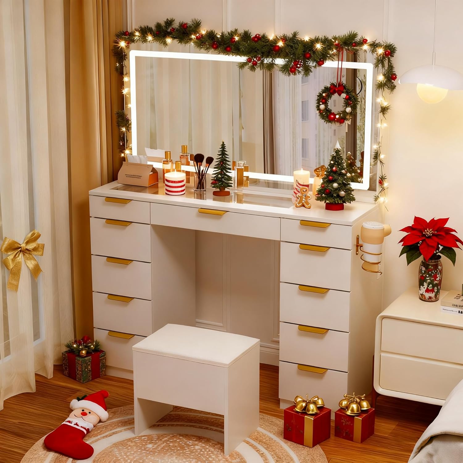 Pamapic Glass Top Vanity Desk with Mirror and Lights, 11 Drawers Makeup Vanity with Charging Station and Chair, Golden Handles Dressing Table, 3 Lighting Modes Makeup Table, White