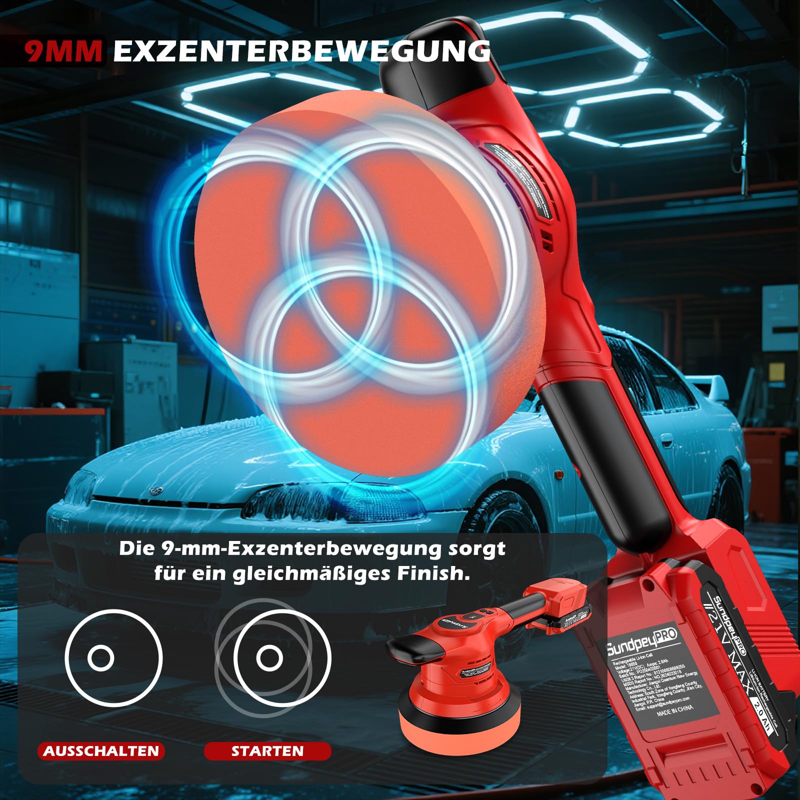 21V Poliermaschine Auto Akku, 6 Zoll Akku Poliermaschine mit Bürstenloser Motor & 2 Akkus & 8 Geschwindigkeitsstufen & 8000 U/min & 9mm Exzenter, für Wachsen, Polieren und Kratzerentfernung