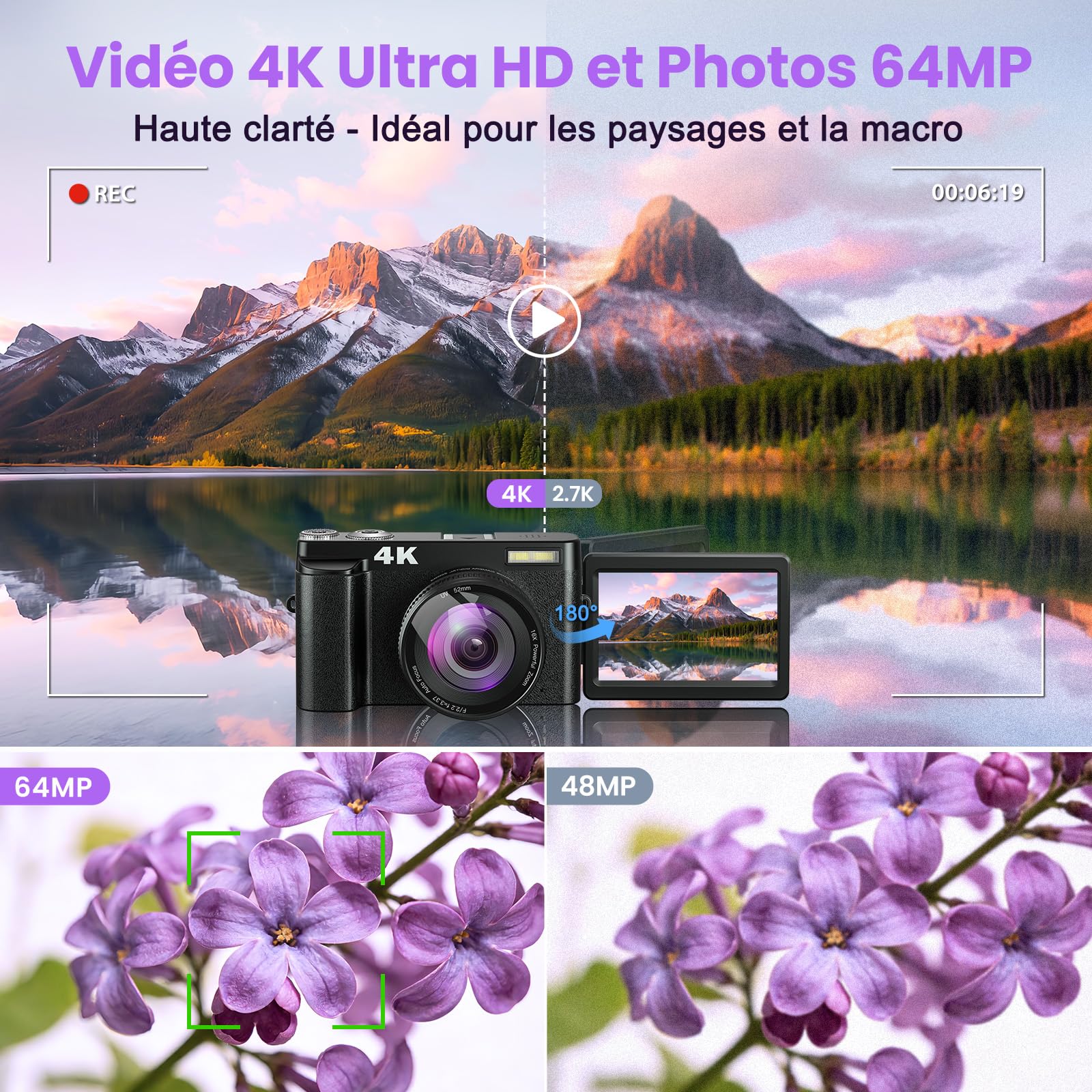 Appareil Photo numérique 4K 64MP avec WiFi écran Rabattable 180 degrés Zoom numérique 16x Double Batterie Carte SD 32 Go Chargeur Inclus idéal pour vlogging Selfies et Voyages