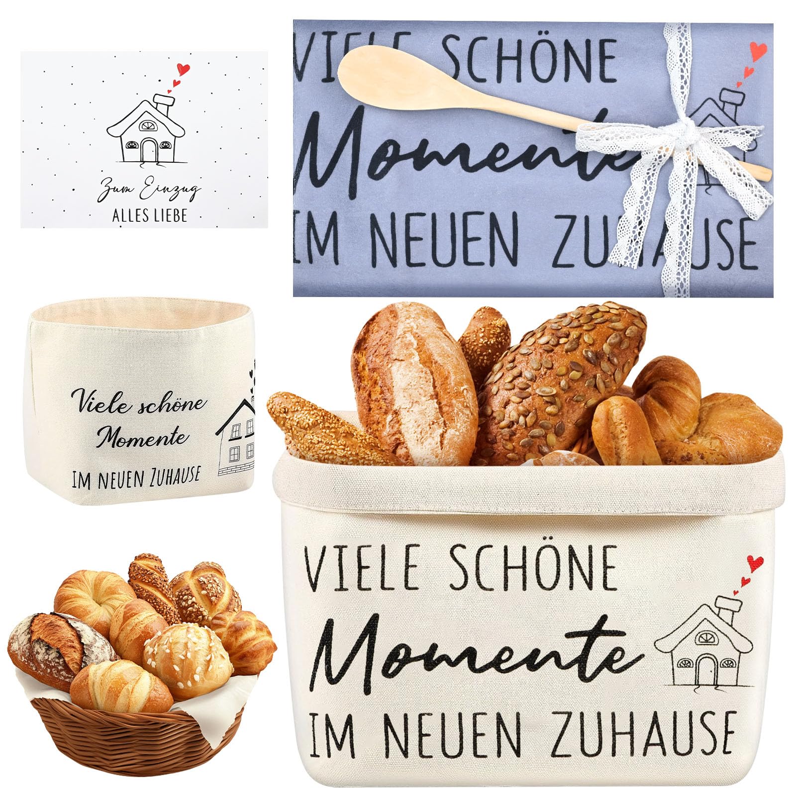 DAMIHAI Brotkorb Stoff, Brottasche mit 70 x 50 cm Geschirrtuch und Glückwunschkarte, Brötchenkorb für Backwaren, Baguettes, Einweihungsgeschenk für Neue Wohnung Umzug Zuhause (Schwarz)