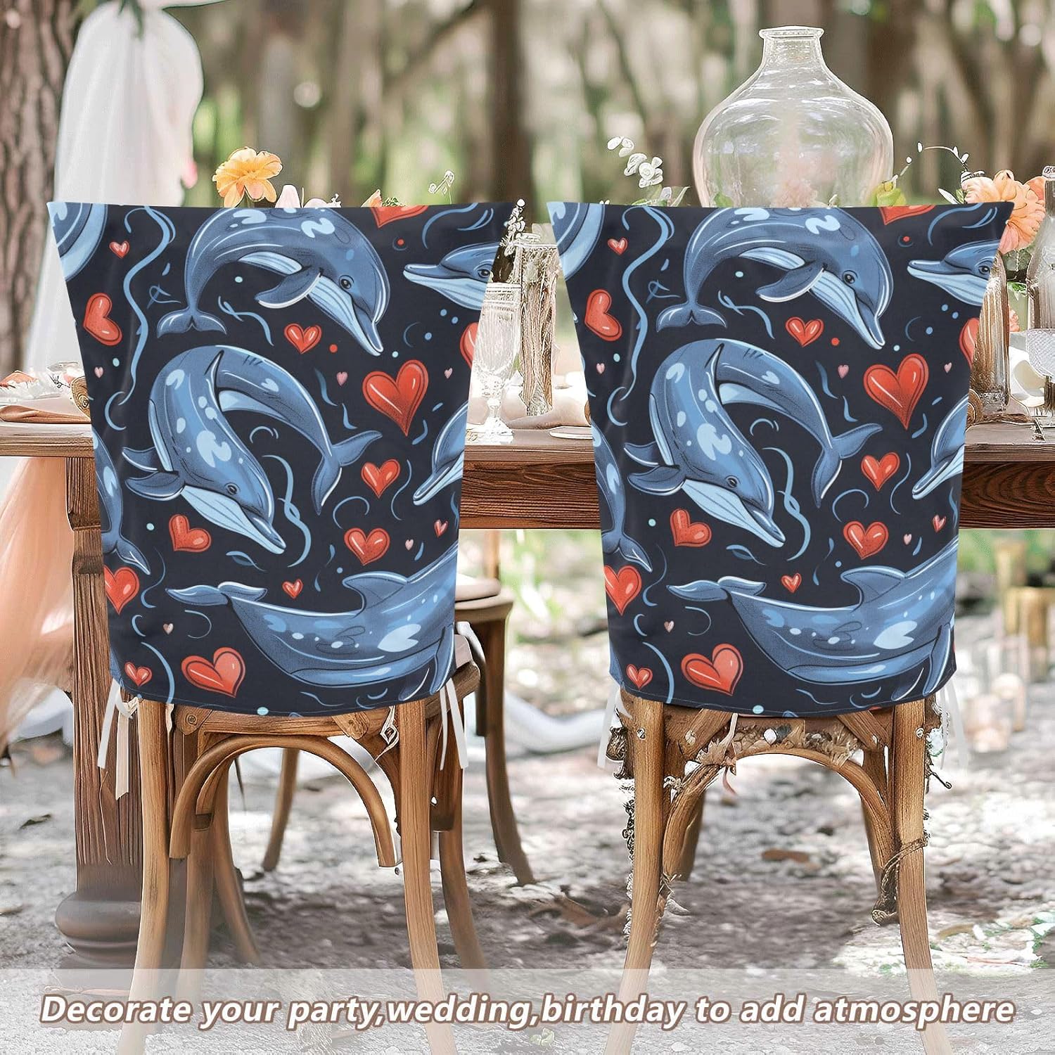 ALAZA Dolphins and Hearts Chair Back Cover Set of 6, Washable Reusable Removable Chair Slipcovers Decorative Chair Cover for Home Kitchen Wedding Party