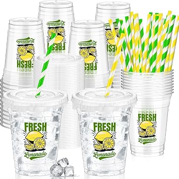 Domensi 50 Sets Lemon Disposable Plastic Cups 12 oz Lemonade Thick Clear Cups with Lids Straws Decoration for Iced Lemonade Juice Water Summer Party Favors Gift