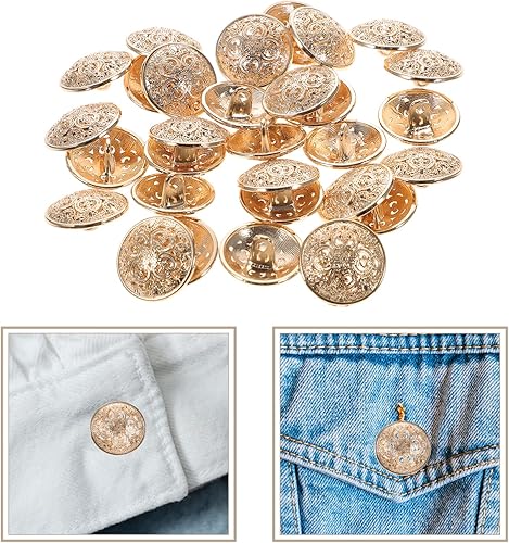 Miniatura 7 de SUPVOX 30 botones metálicos para abrigos, chaquetas, redondos, planos, de repuesto, hebilla hueca, costura para bricolaje, suéter (oro claro, 0.71