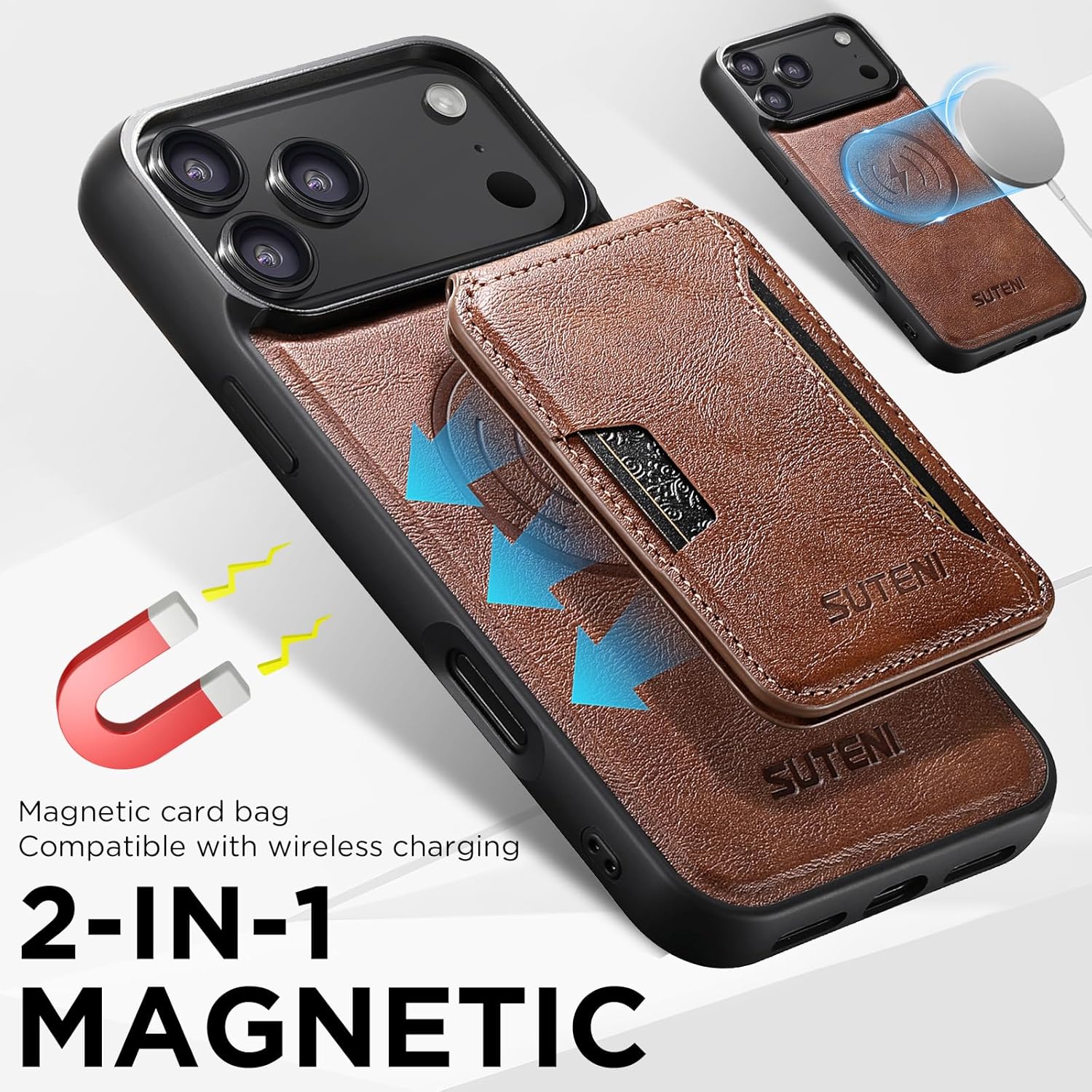 Compatible with MagSafe iPhone 17 Air Case Wallet,2 in 1 Leather Magnetic Detachable Credit Card Holder Flip Cover Kickstand Shockproof for Men Women Military Protection Phone Cover,Brown