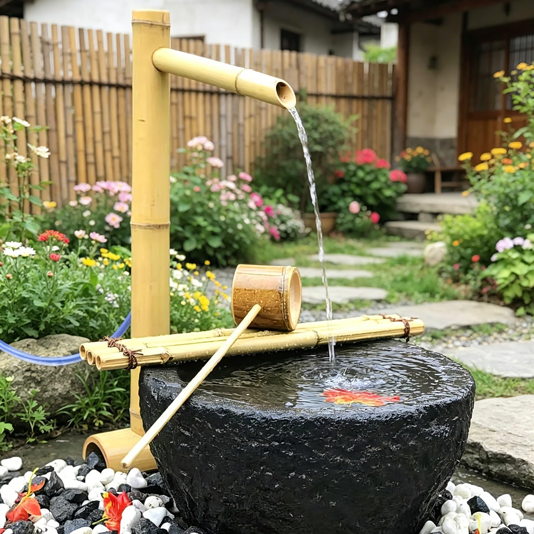 Fontana d'acqua in bambù ad energia solare con pompa 'acqua solare, fontana decorativa in stile Zen for giardino esterno interno, cortile e decorazione paesaggistica del prato
