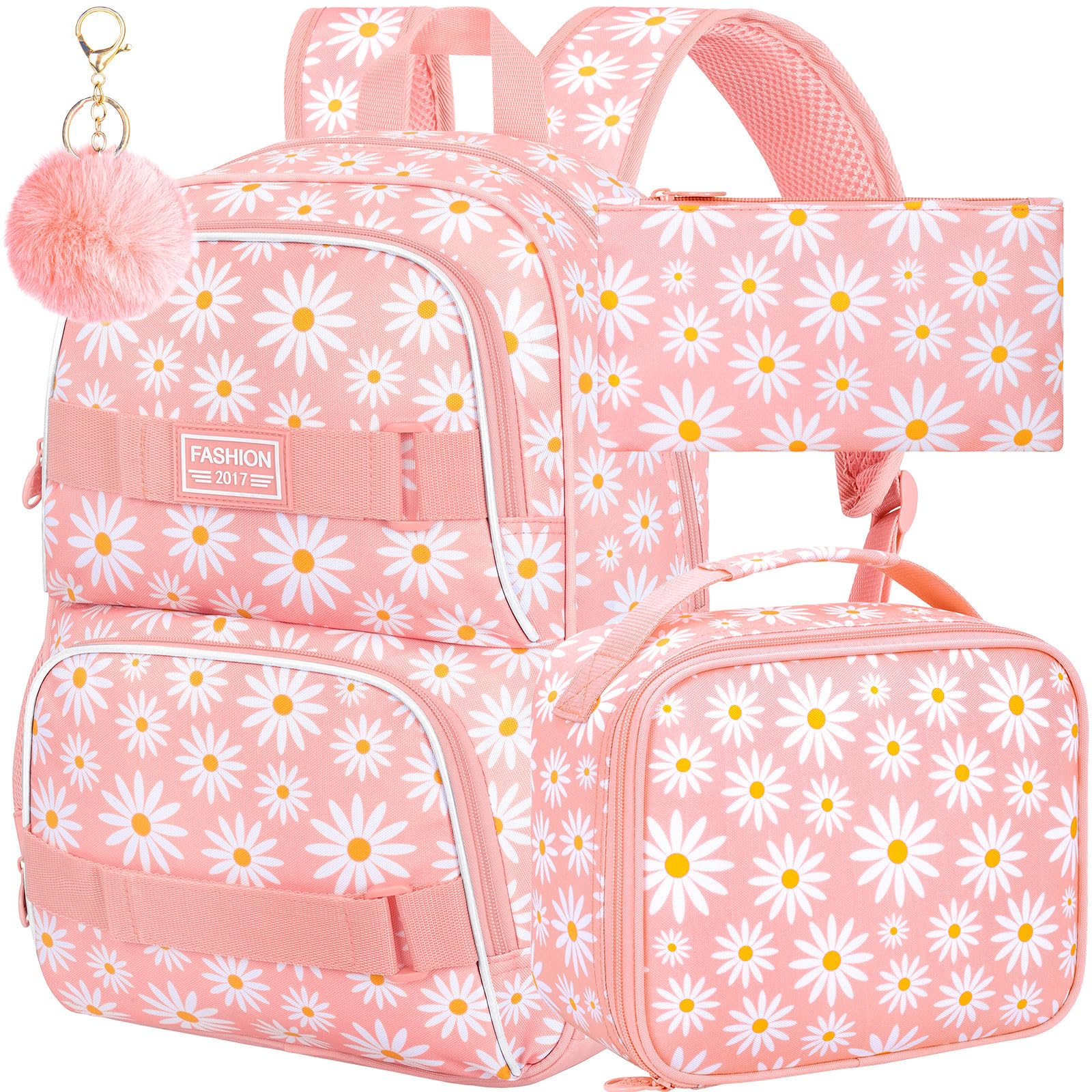 AGSDON 3PCS Daisy Girls Backpack, 17 Inch Laptop School Bookbag Teen College Water Resistant Kids Backpacks with Lunch Box Set - Pink