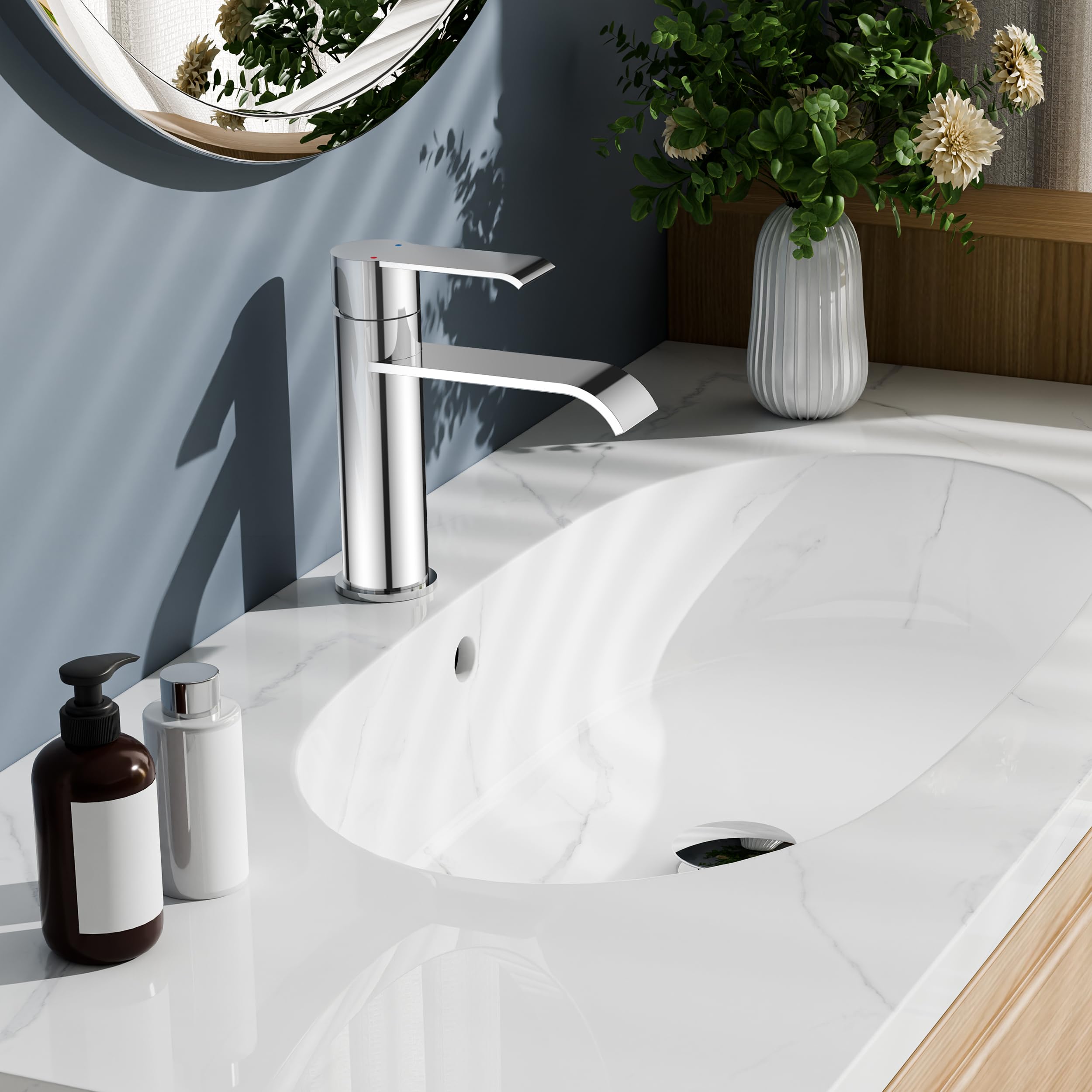 FORIOUS Robinet Salle De Bain Avec Bonde, Mitigeur Lavabo Monocommande, Robinet Lavabo Cascade-Hauteur De Bec 98MM, Armature Moderne Économe En Eau，Chrome