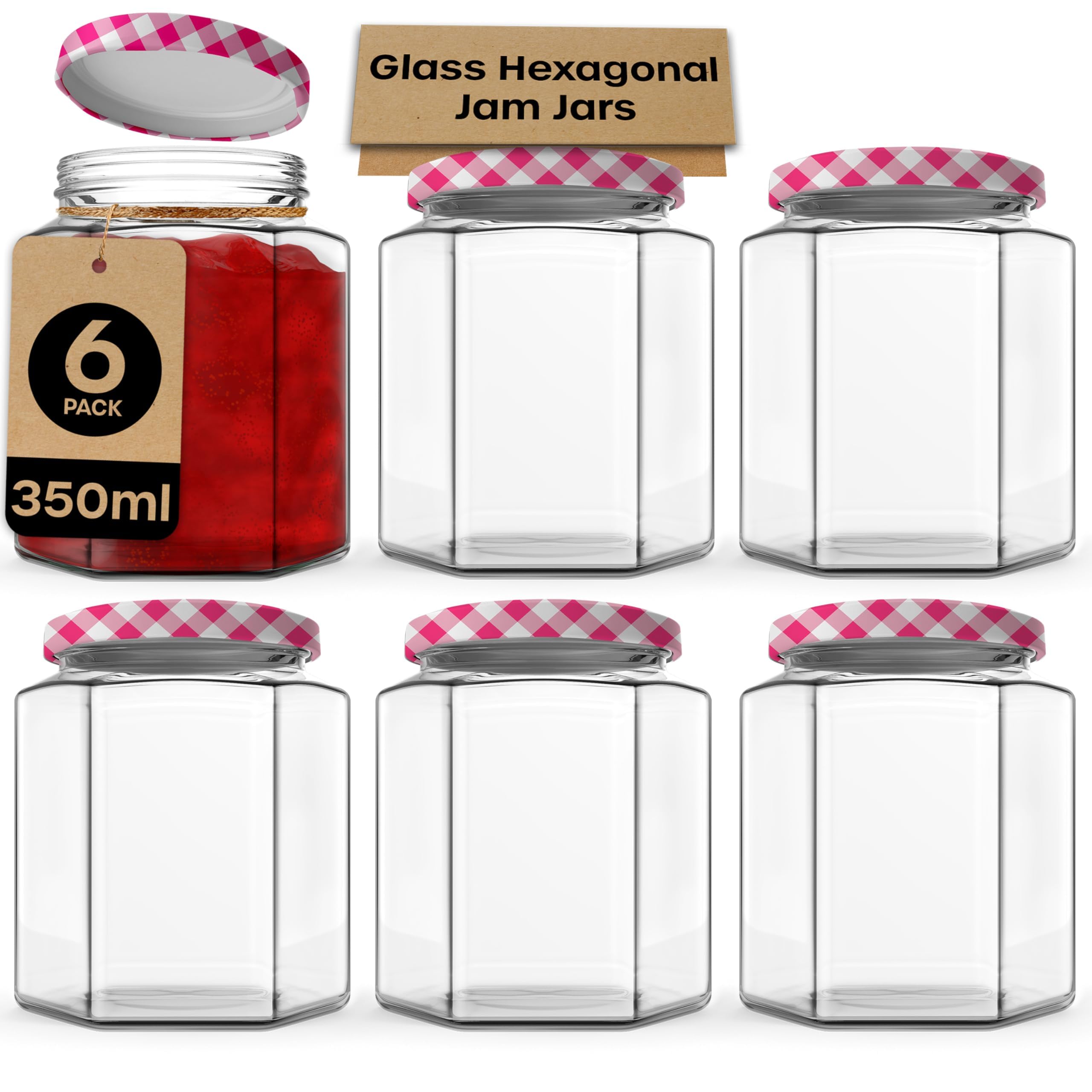 Volila Red - 350Ml - 6Pk Glass Jars With Lids 350Ml - 6 Pack Hexagonal Jars With Red Gingham Screw Top Lids - Airtight Glass Jars With Lids For Your Homemade Jam, Marmalade And Chutney - Jam Jars With Lids