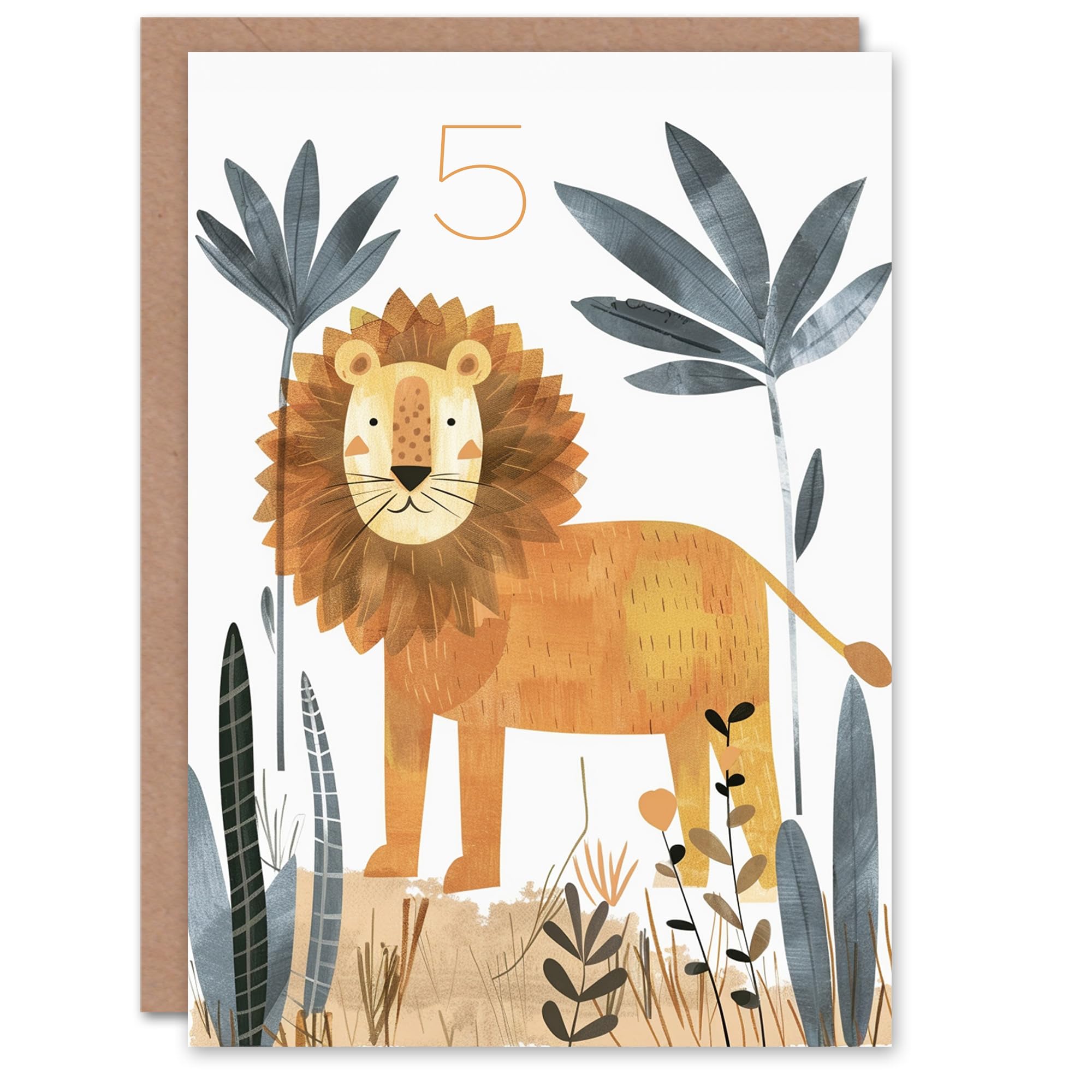 Artery8 5th Birthday Card Cute Jungle Lion Fun Drawing Kids Age 5 Year Old Child For Son Daughter Girl Boy Happy Card