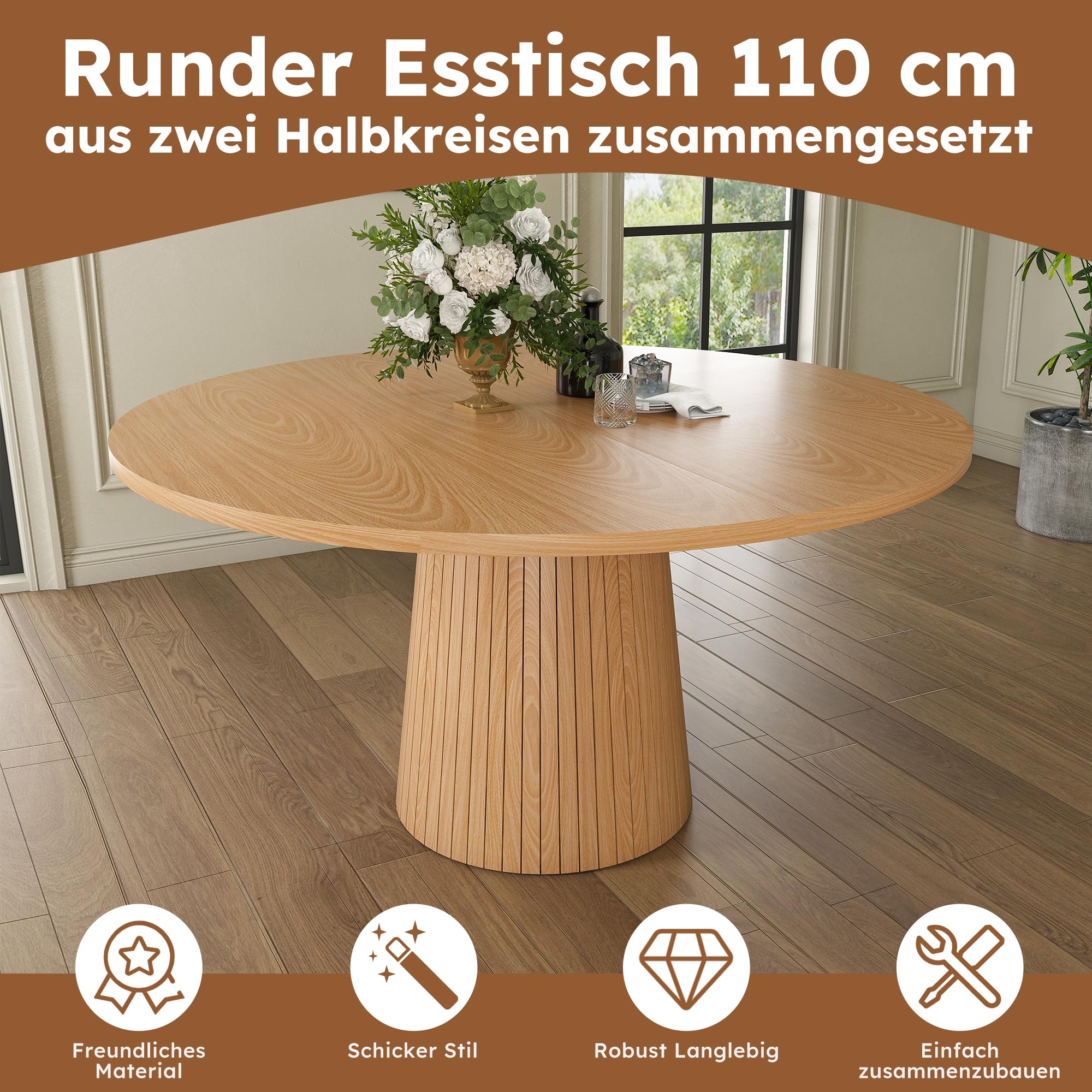 Tavolo da cucina rotondo, 110 cm, stile rustico, piano in MDF con impiallacciatura in rovere a due semicerchi, base cilindrica con telaio interno in metallo, per cucina e sala da pranzo