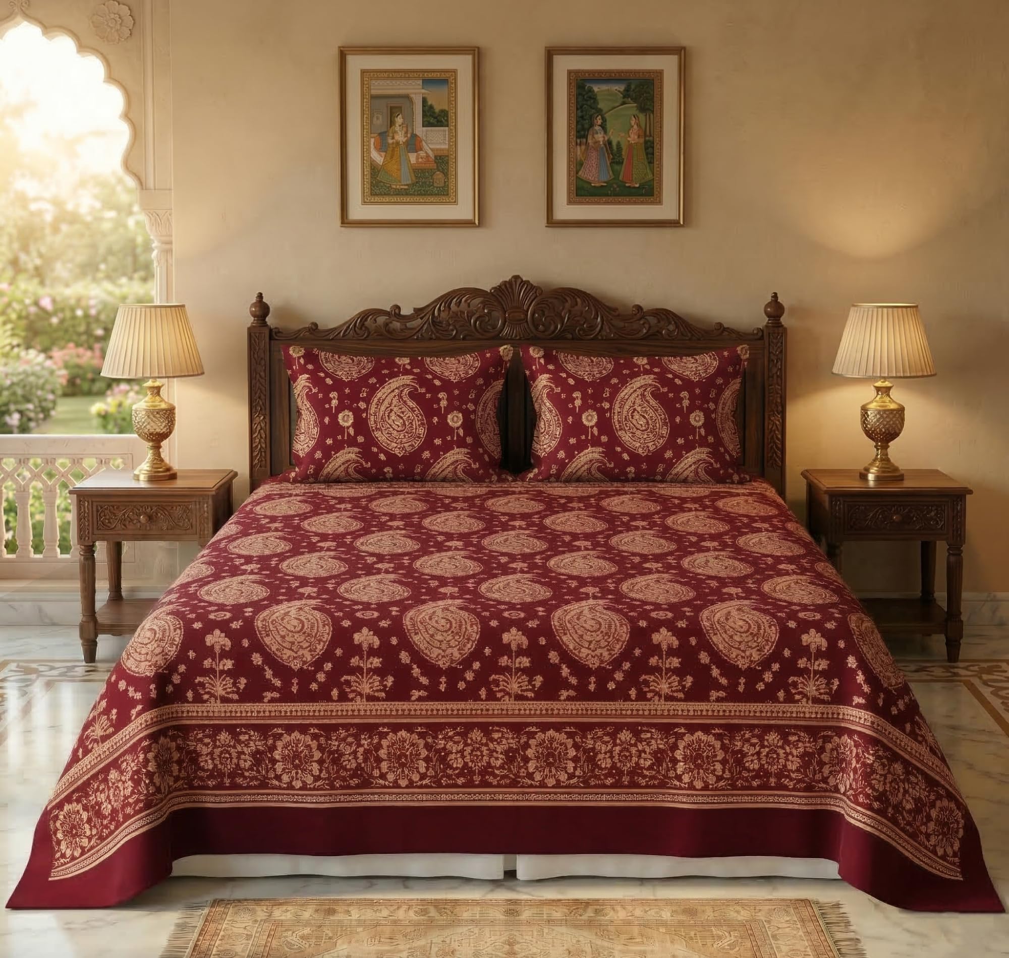 BSB HOME Premium Cotton Double Bedsheet with 2 Pillow Covers, 240 TC Soft Breathable, Skin Friendly & Hypoallergenic, Jaipuri Printed (90 x 100 Inches) (Kalki Print - Deep Maroon)-image-31