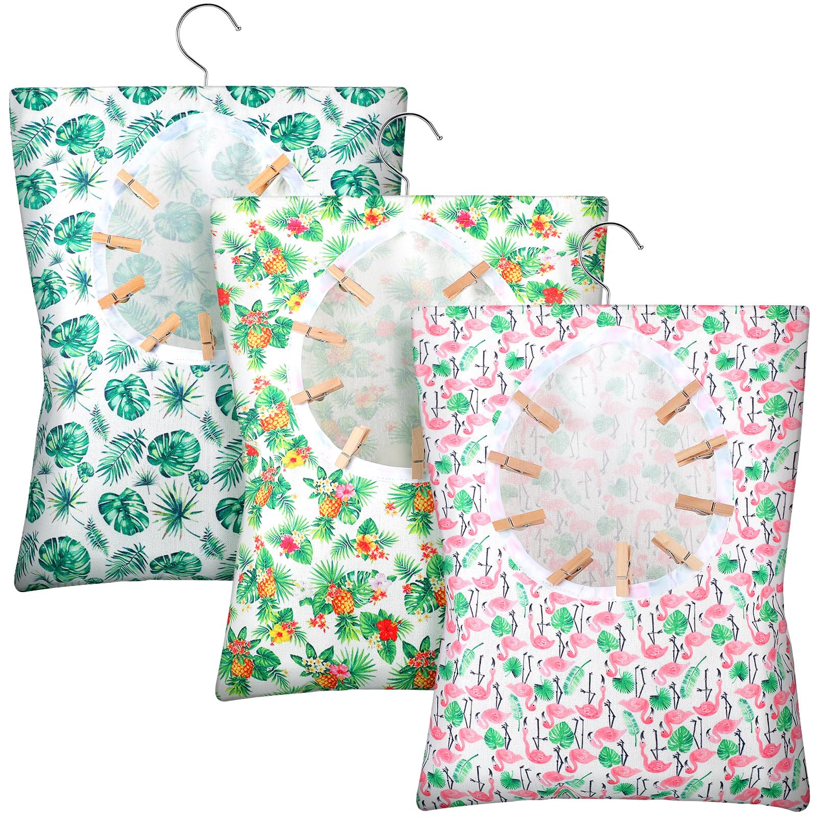 Hsei 3 Pcs Clothespin Bag with Hanging Hook Summer Laundry Clothes Pin Holder 15 x 11 In Waterproof Clothes Pin Hanging Bag Clothespin Storage Organizer with Large Opening for Clothesline (Flamingo)