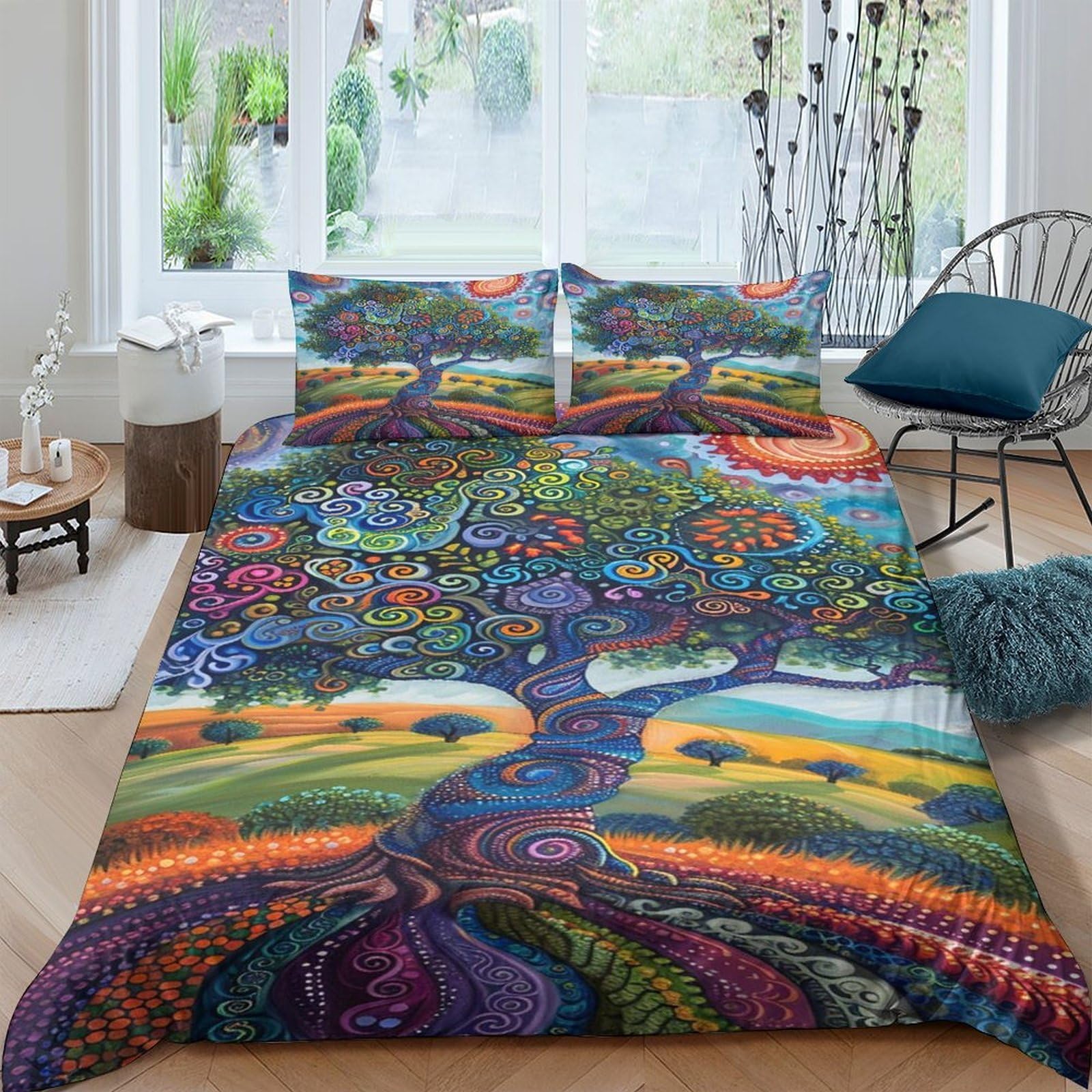 Ctjqhvkz Style-4 3D Printed Colorful Tree Of Life Fitted Sheet Microfiber Soft Vibrant Landscape Bed Sheet Bedroom Decor Single（135X200cm）