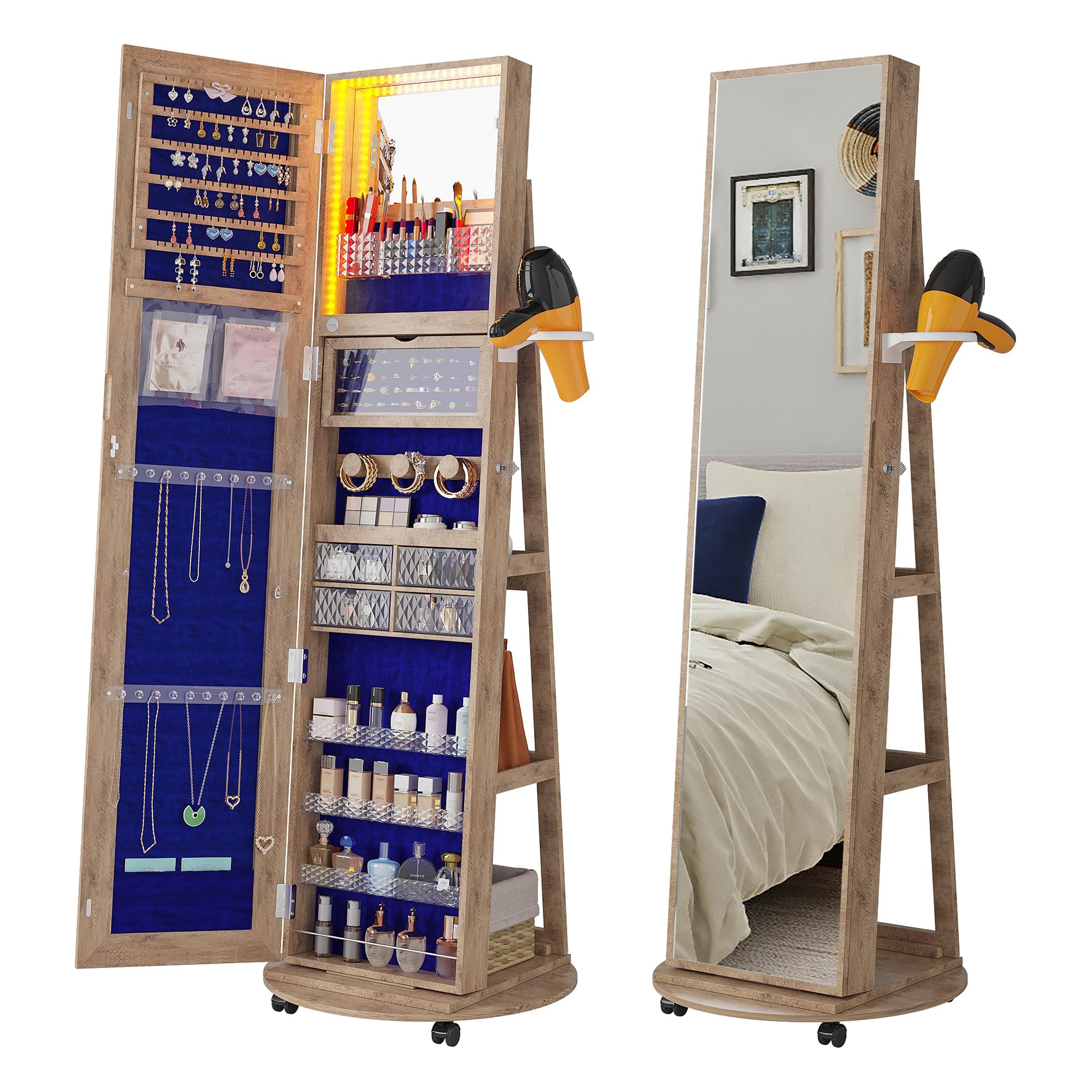 OUTDOOR DOIT 360° Rotating Jewelry Cabinet with Lights, Standing Jewelry Armoire Organizer, Full Length Mirror with Jewelry Storage, Lockable Capacity Jewelry Mirror, Foldable Makeup Shelf (Wood)