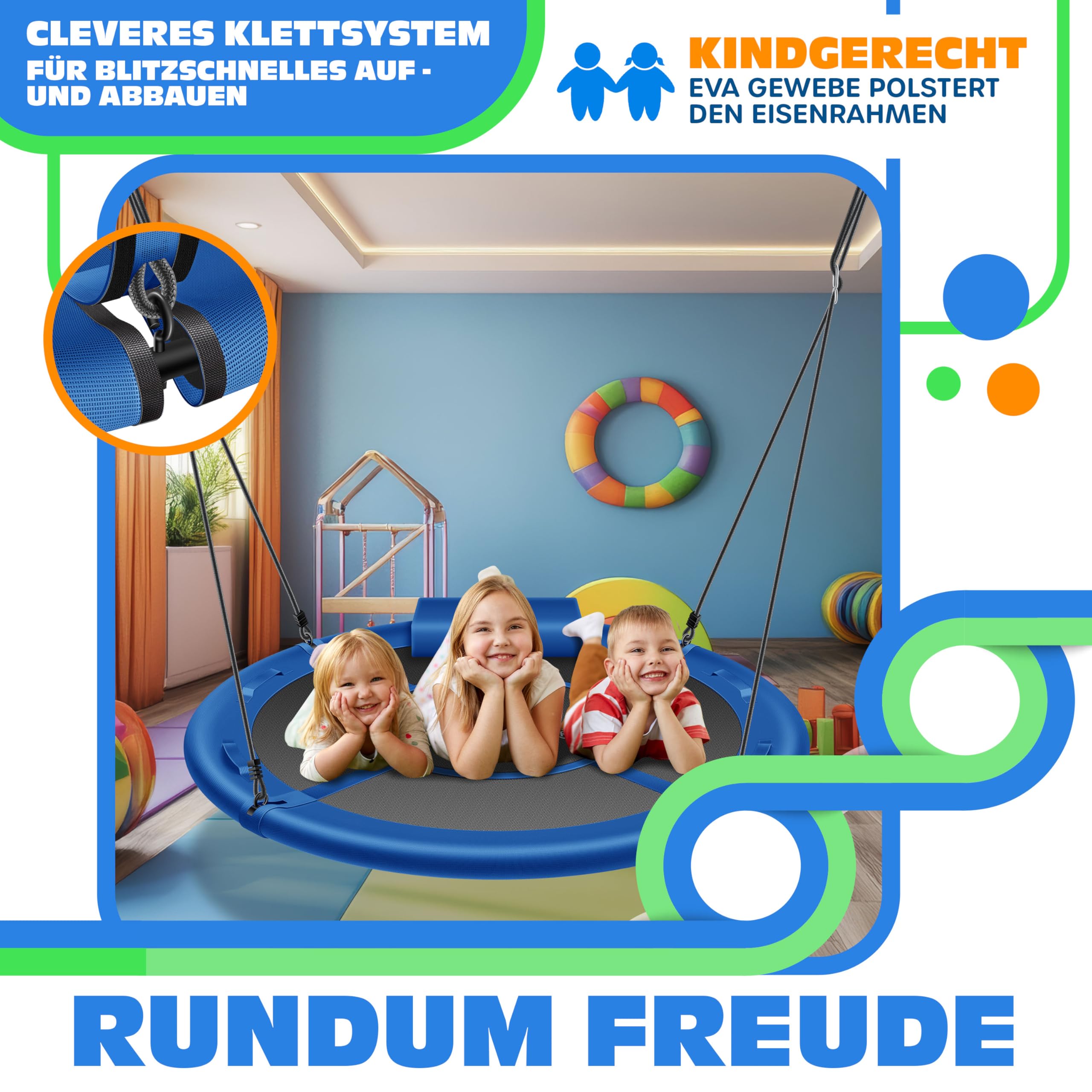 KESSER Nestschaukel Tellerschaukel Ø 120cm bis 300kg mit Kissen & 4 Griffen verstellbar Blau