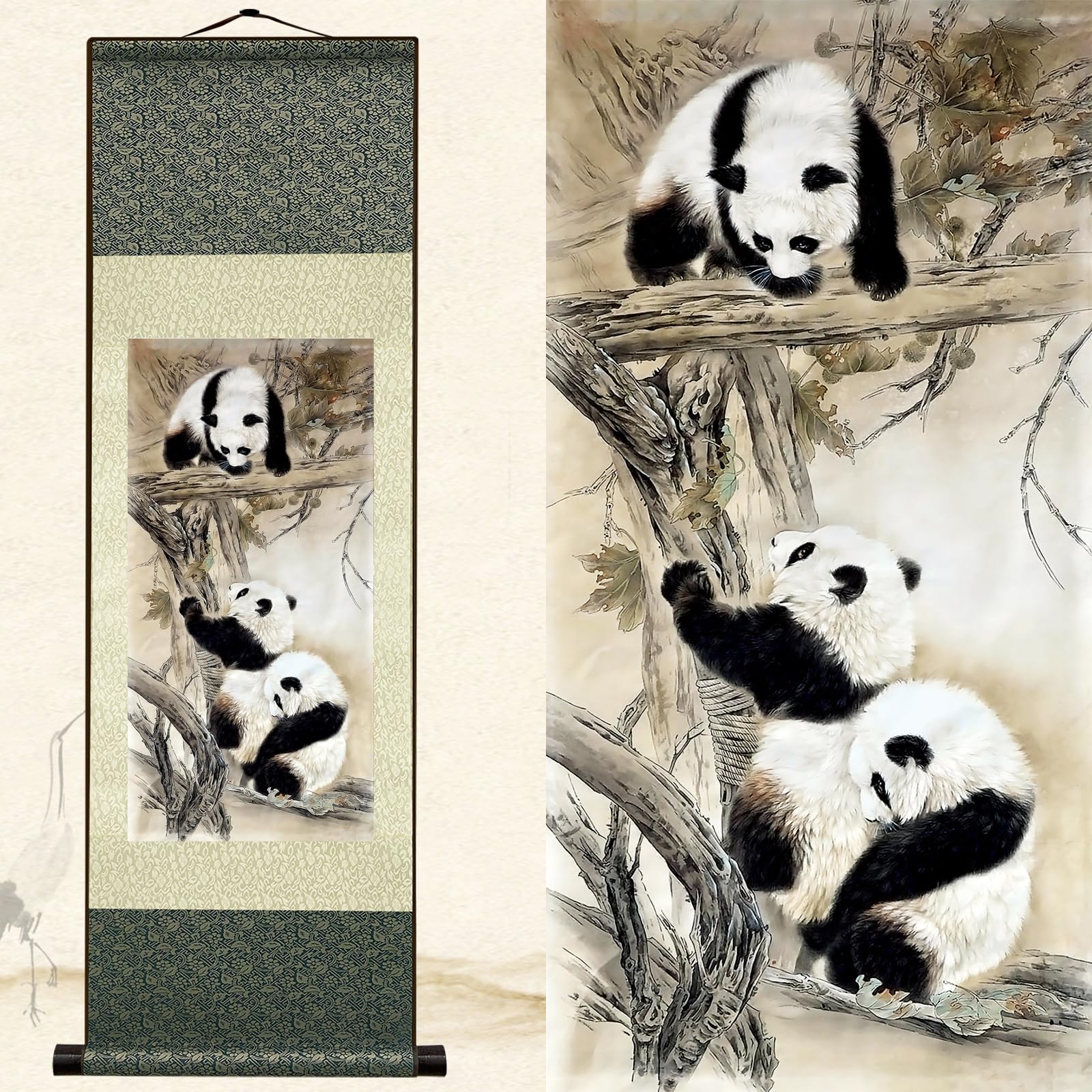 Newscz Bedroom Pictures for Wall Art Decor Wall Painting Silk Scroll Animal Wall Art Paintings Panda Posters Wall Tapestry Bedroom Canvas Asian House Decoration for Living Room Home Decor 36 by 12 in