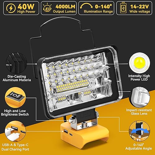 Miniatura 4 de Luz portátil inalámbrica para batería Dewalt de 20 V, 40 W, 4000 lúmenes, funciona con batería, luz de trabajo LED para Dewalt solo herramienta de