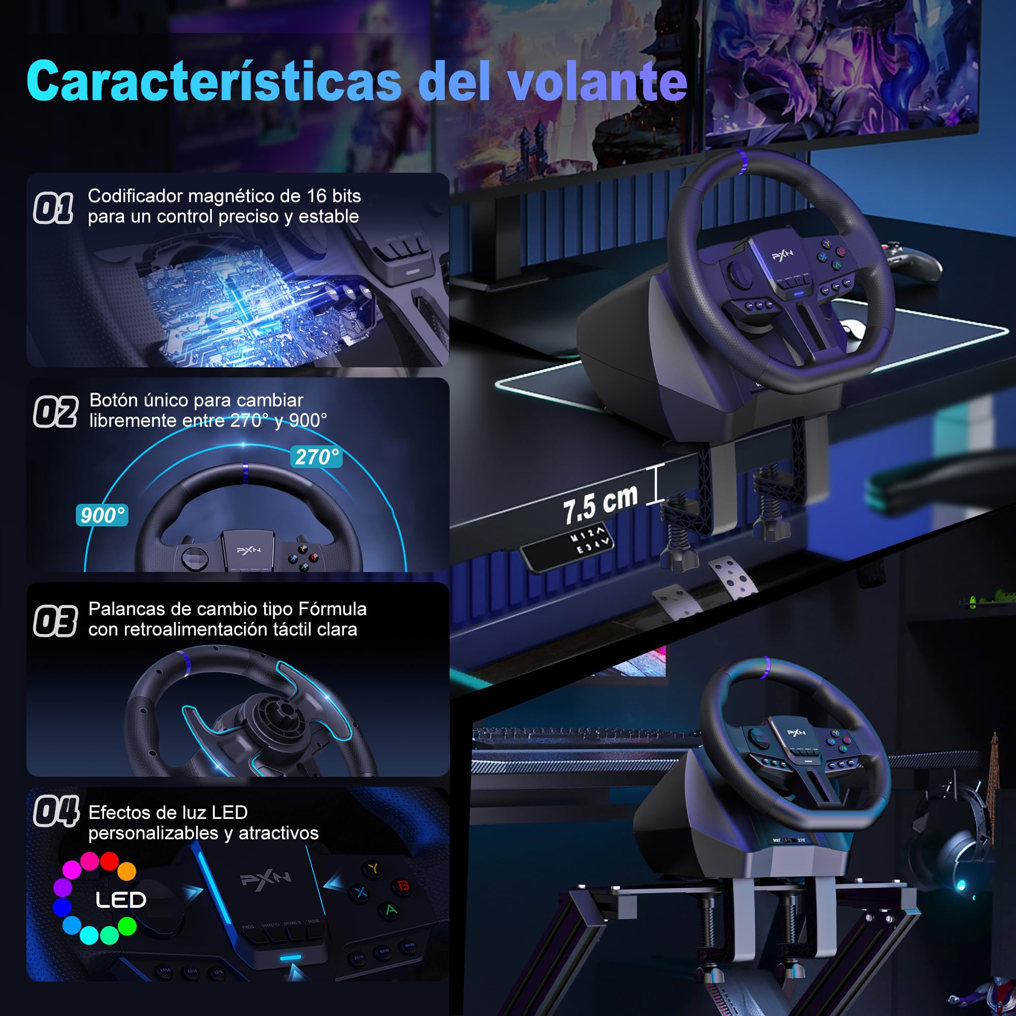 PXN V900 Gen2 Volante con Pedali, Volante da Corsa 270°/900° con Feedback di Vibrazione, Pedali Hall – Volante Gaming per PC Windows, PS4, PS3, Xbox e Switch