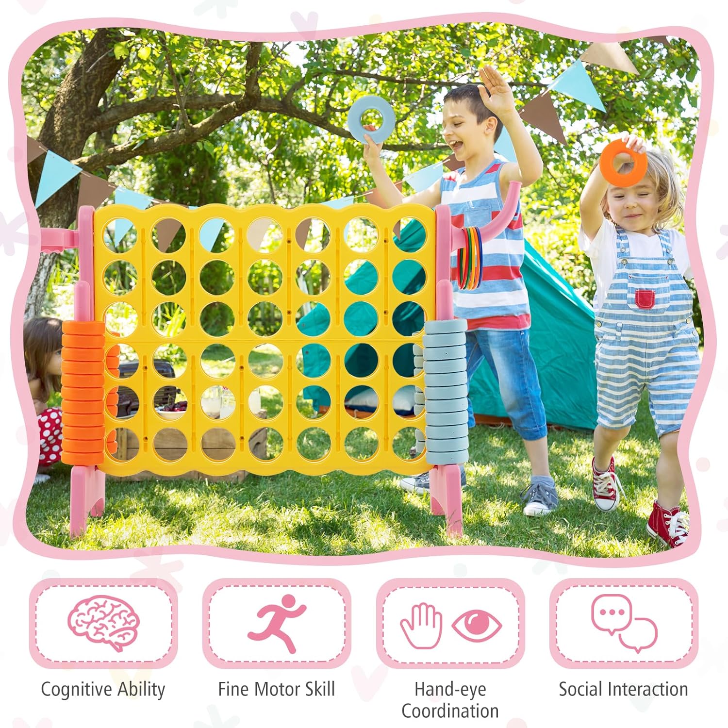 Costzon Giant 4-in-A-Row, Jumbo 4-to-Score Giant Game w/Basketball Hoop, Ring Toss, Quick-Release Slider, 42 Jumbo Rings, Indoor Outdoor Family Connect Game for Kids & Adults, Backyard Games