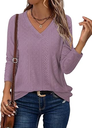 KISSMODA Long Sleeve Fall Shirts For Women V Neck Tunic Tops Embroidered Button Down Knitted Blouses 2025