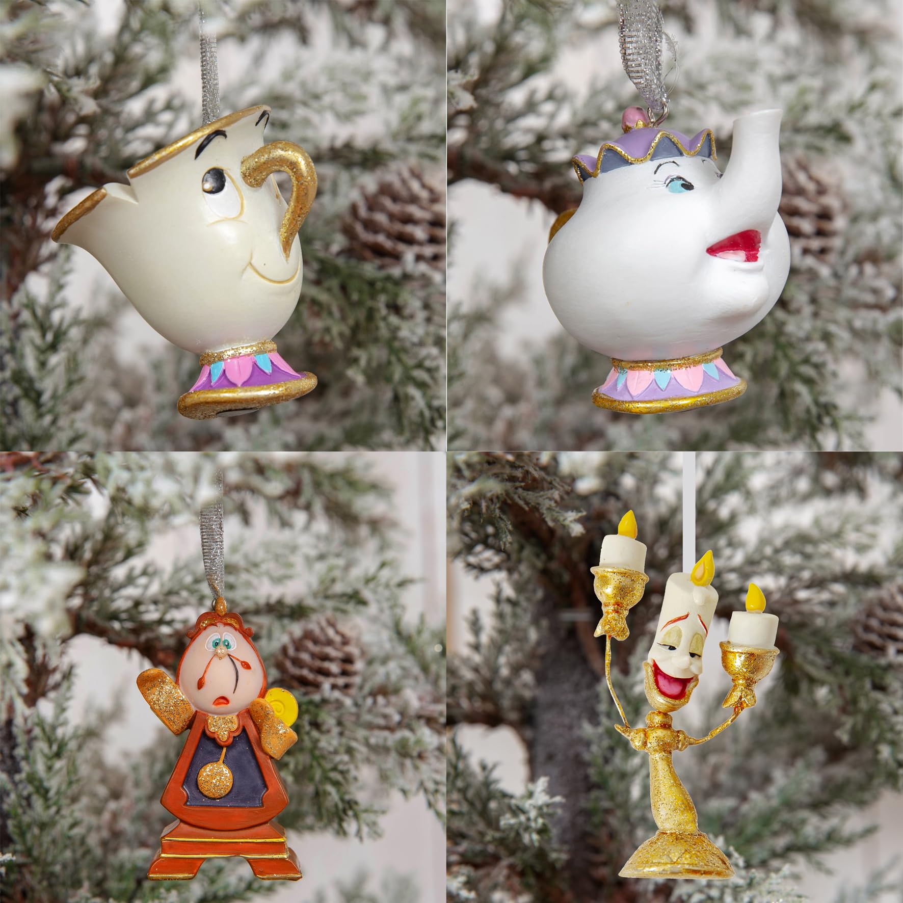 Disney - Set di 4 decorazioni appese in resina de La Bella e la Bestia - Cogsworth, Chip, Lumière e Mrs Potts - Ornamenti glitterati per albero di Natale - Articoli per la casa e regali con licenza.