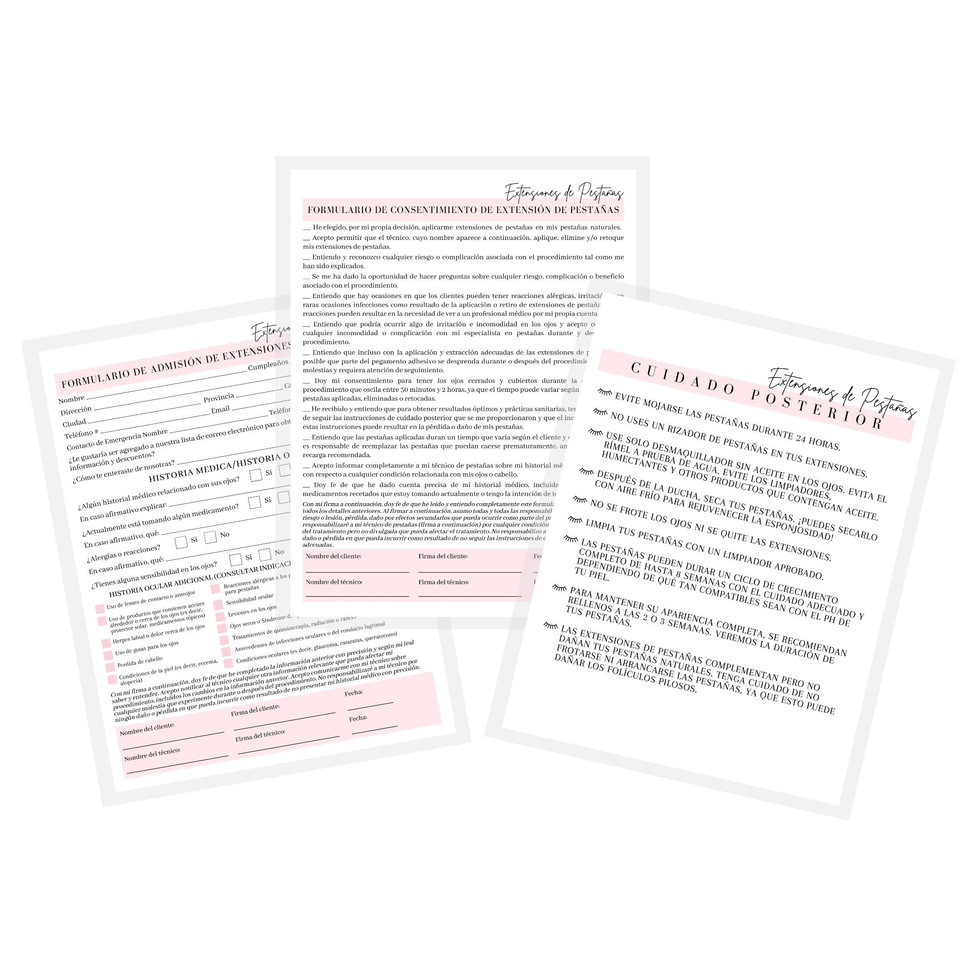 SPANISH Lash Extensions Intake, Consent and Aftercare Form | 75 Pack | 8.5x11" inch Paper Size Form | Eyelash Extension Supplies | En español | White