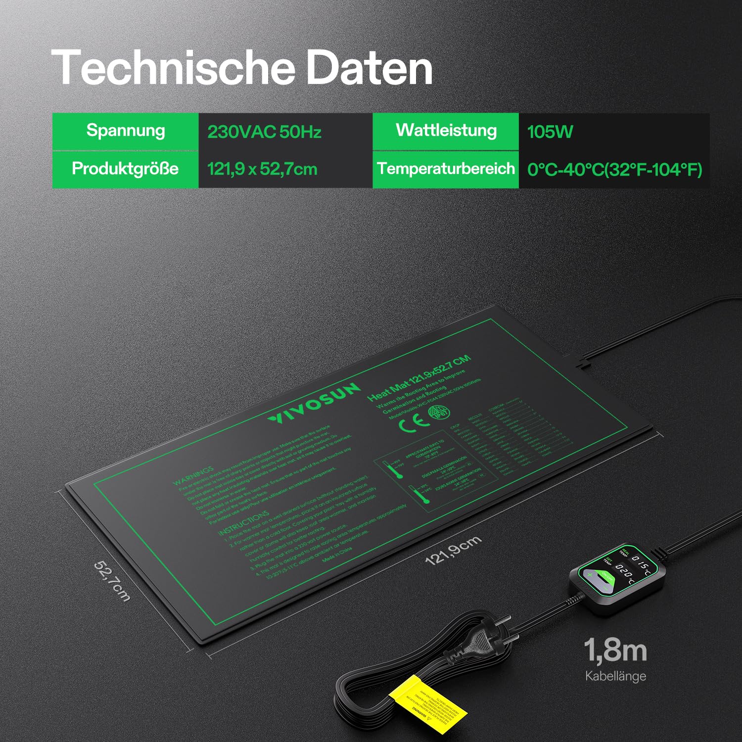 VIVOSUN Heizmatte Pflanzen 121,9x52,7cm mit Temperaturregler, Wasserdichte Pflanzen-Wärmematte UL & MET Zertifiziert, Setzling Heizmatte für Keimung, Hydrokultur, Zucht und Gewächshaus